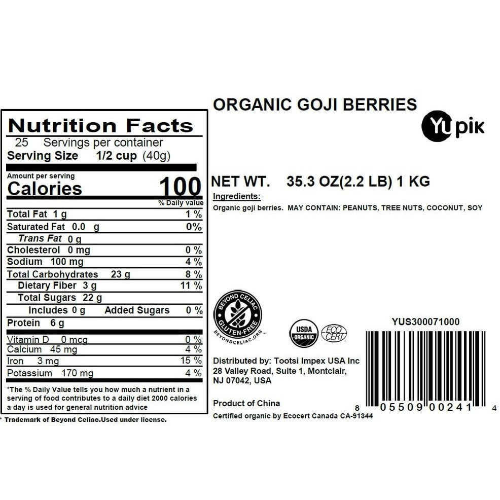 Yupik Organic Dried Goji Berries, 2.2 lb (35.2 oz), Gluten-Free, Non-GMO, Vegan, Dried Fruits, Wolfberries, Sulphite-Free, Superfood, High in Vitamin A & C, Source of Fiber, Ideal for Baking