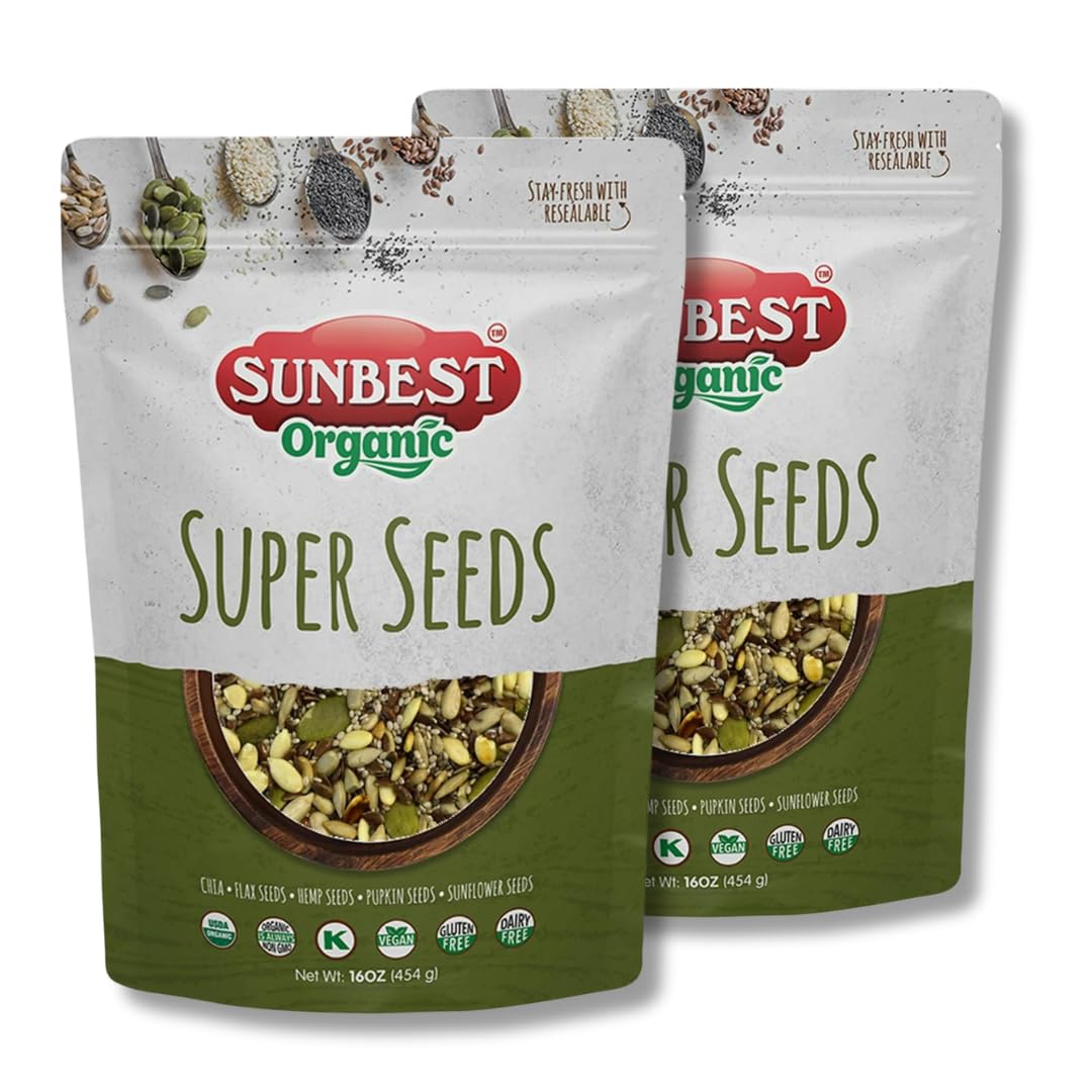 Sunbest Natural Organic Super Seeds Mix, 2-Pack – Raw Chia, Flax Seed, Hemp, Pumpkin & Sunflower Seeds – Great For Trail Mix, Smoothies & Salads – Superfood Blend Rich in Protein & Fiber (32 oz)