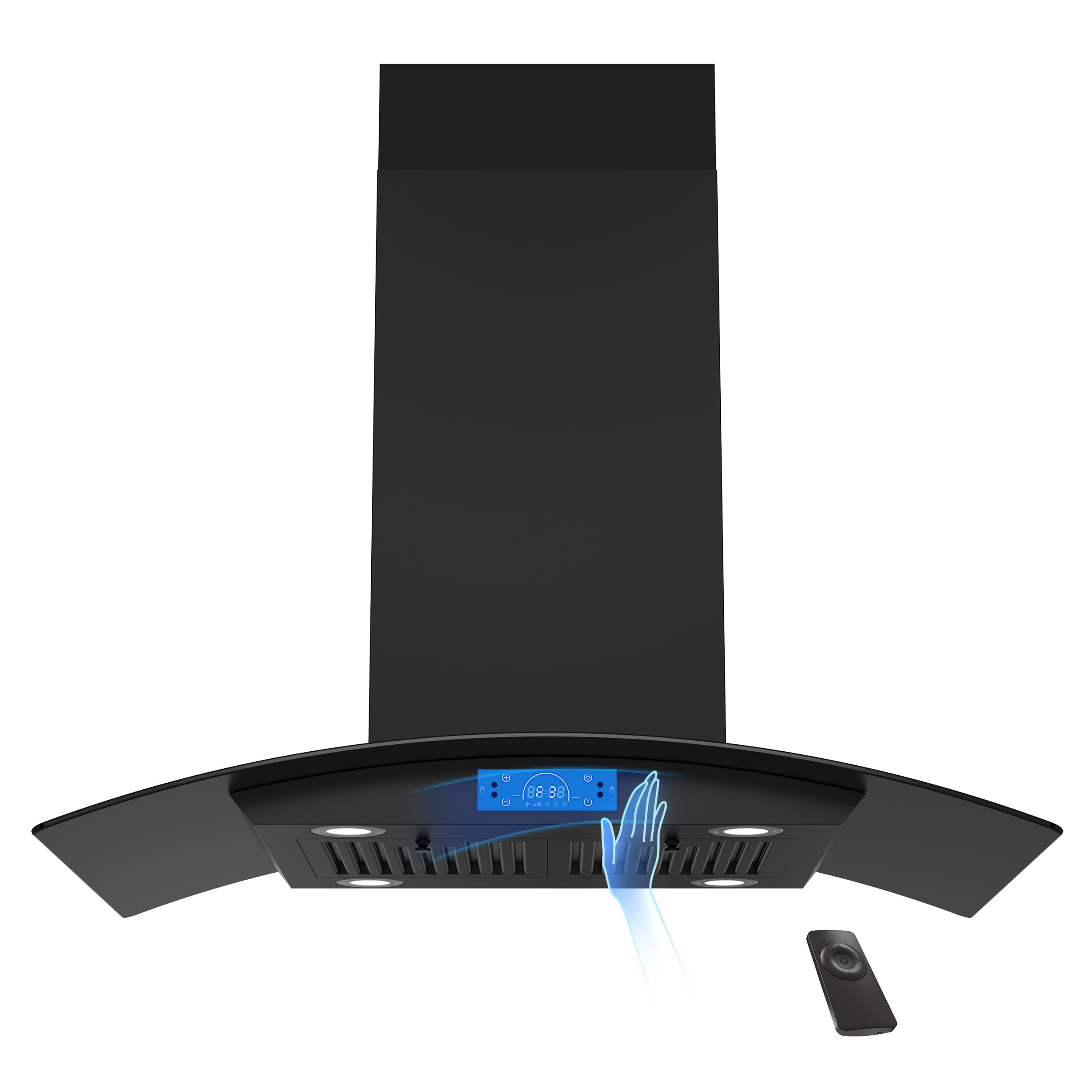 FIREGAS Island Range Hood 30 inch 700 CFM with Chimney, Ceiling Mount Kitchen Vent Hood with Tempered Glass, 4 LED Lights, Permanent Filters, Premium Touch Control Panel, Includes Charcoal Filter