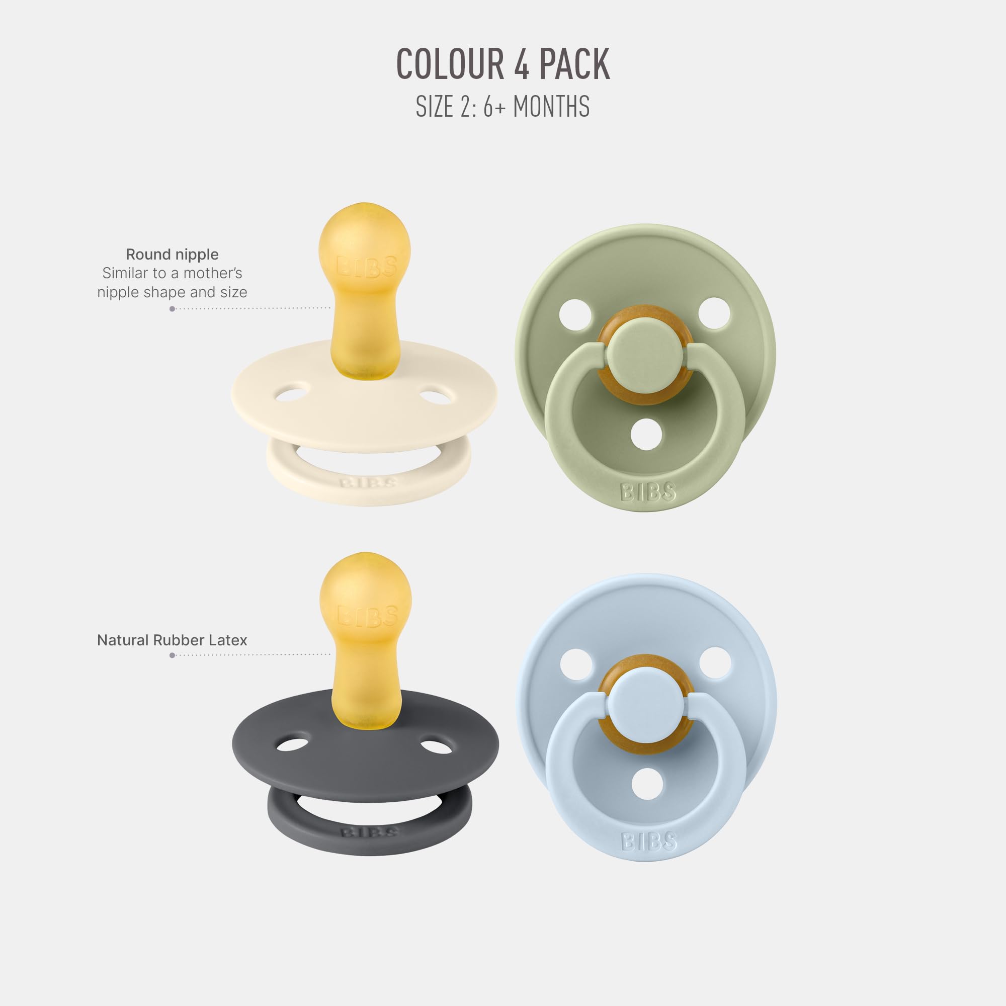 BIBS Colour Schnuller 4er-Pack, BPA-frei, Kirschform Nippel. Naturkautschuk/Latex, Hergestellt in Dänemark. 6-18 Monate (4er Pack), Iron Mix