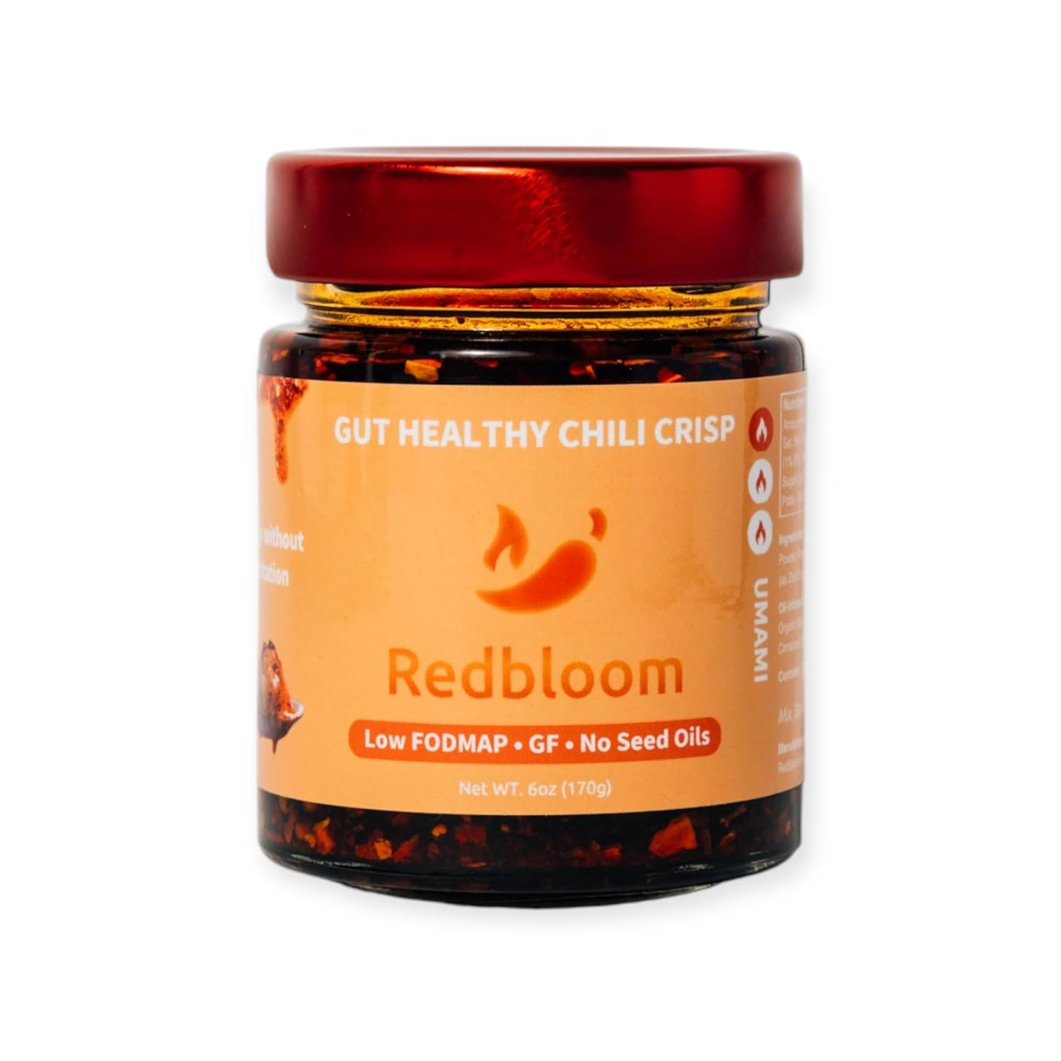 Redbloom Gut-Healthy Chili Crisp - Organic Chili Oil, No Seed Oils, Low-Fodmap, Vegan, Crunchy Hot Sauce, Good on Everything, 6oz (Pack of 1) - Medium Aroma