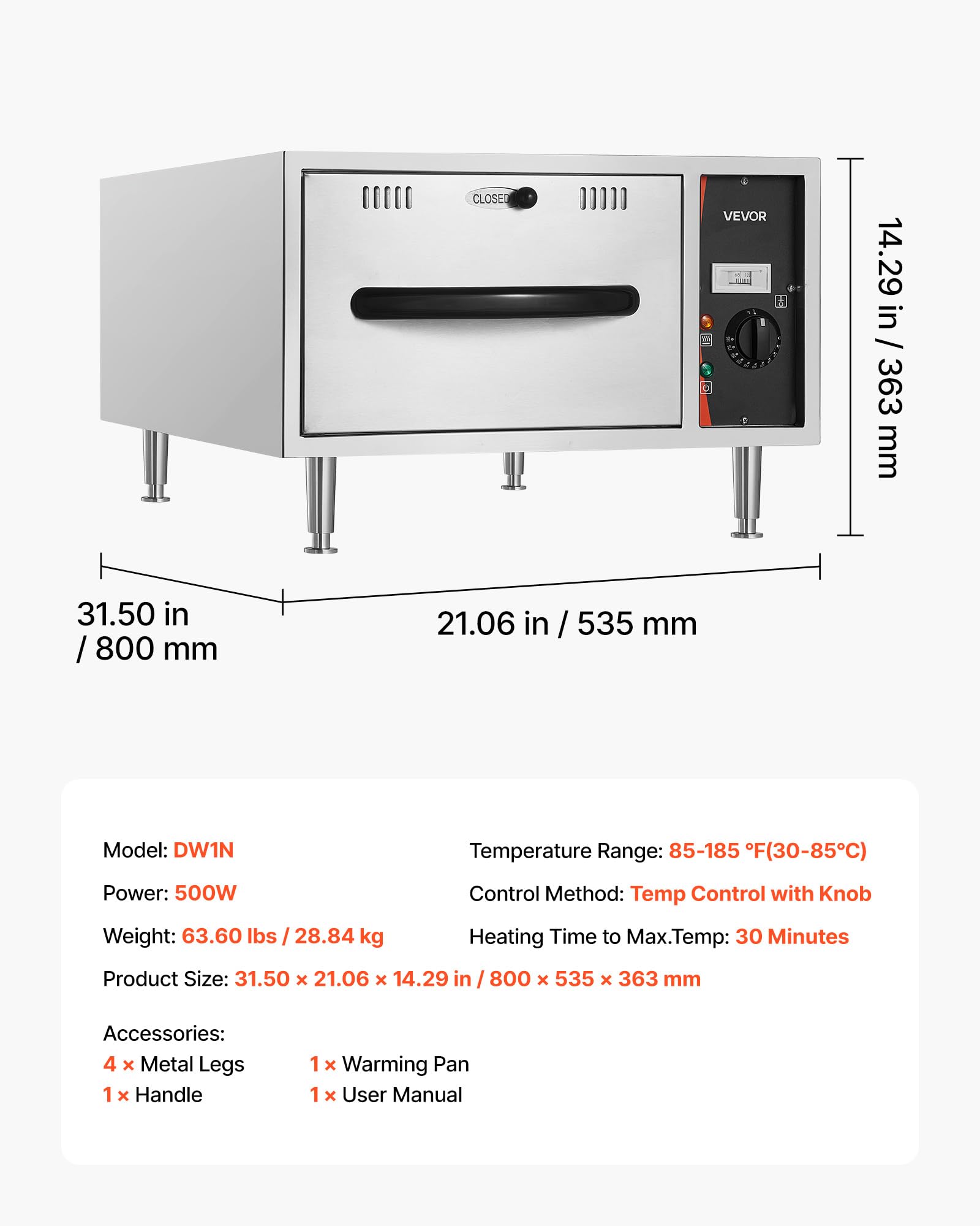 VEVOR Commercial Electric Drawer Warmer, Single-Drawer Stainless Steel Food Warmer, Freestanding Slim Warming Drawer Cabinet, 85°F–185°F Wide Temperature Range, for Restaurant, Hotel, Bakery & Kitchen
