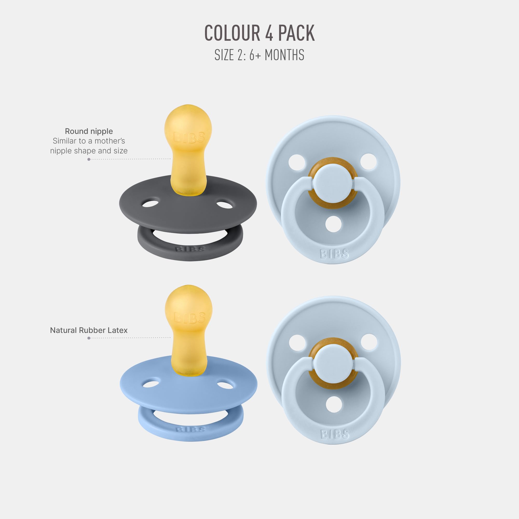 BIBS Colour Schnuller 4er-Pack, BPA-frei, Kirschform Nippel. Naturkautschuk/Latex, Hergestellt in Dänemark. 6-18 Monate (4er Pack), Iron Mix