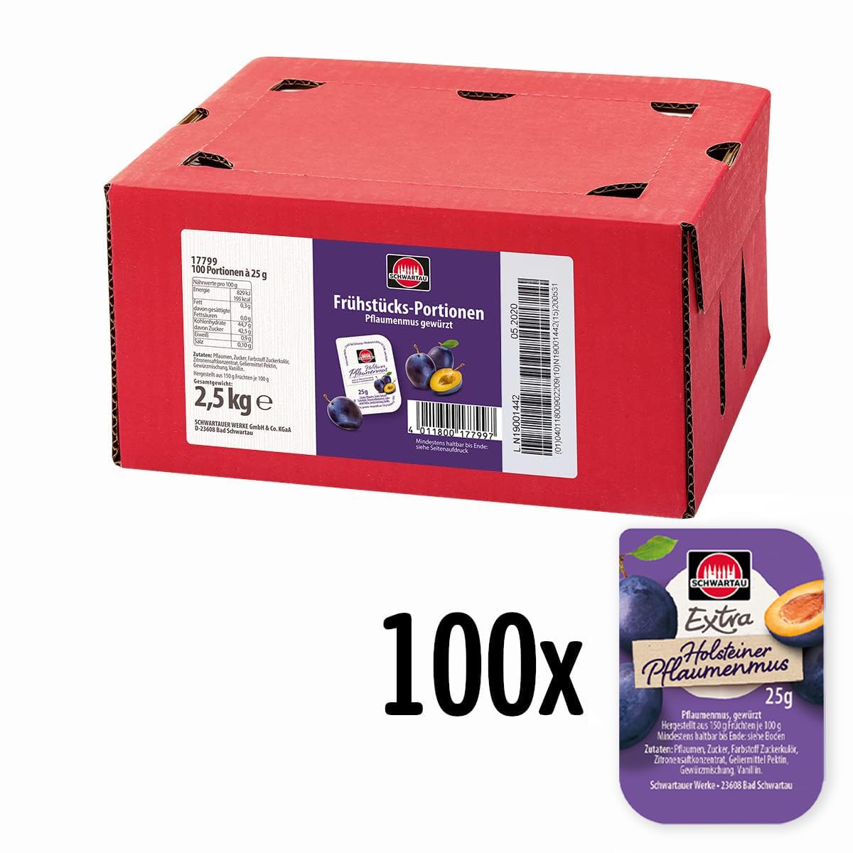 Schwartau Samt Portionen Mix-Box, Konfitüre Portionsschalen (50 x Erdbeere, 25 x Aprikose, 25 x zweierlei Kirsch), Großpackung, 100 x 25g