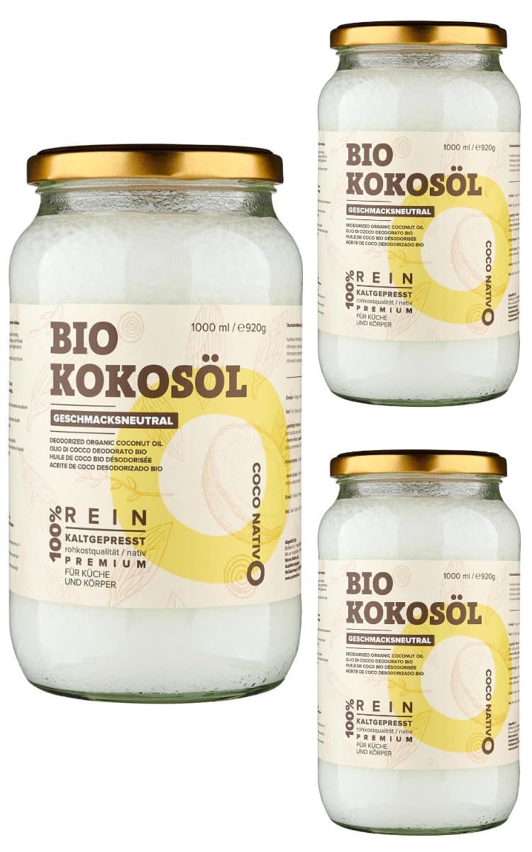 Bio Kokosöl CocoNativo - 1000mL (1L) - Bio Kokosfett, Kokosnussöl, Premium, Nativ, Kaltgepresst, Rohkostqualität, Rein (1000ml) - zum Kochen, Braten und Backen, für Haare und Haut