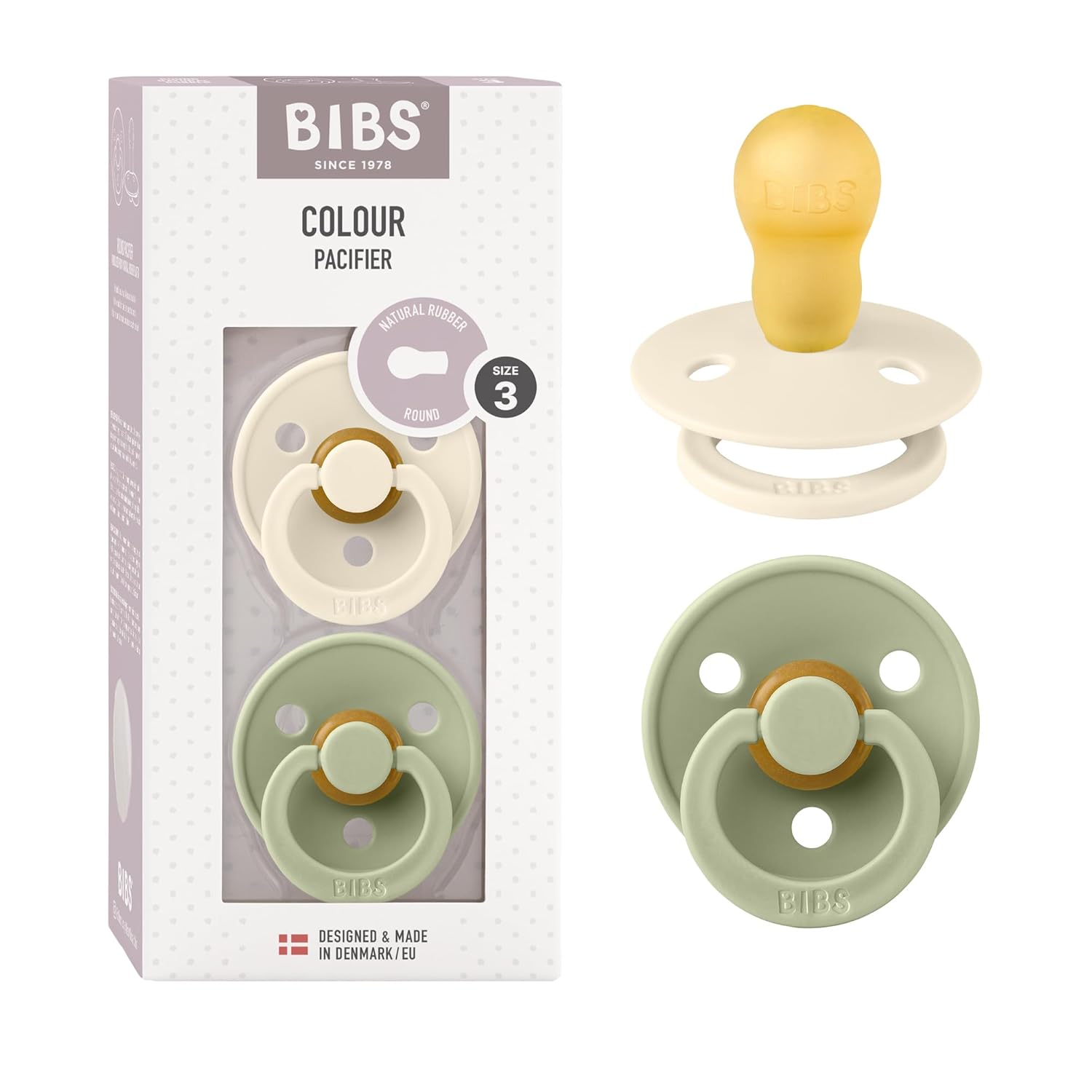 BIBS Colour Schnuller 2er-Pack, BPA-frei, Kirschform Nippel. Naturkautschuk/Latex, Hergestellt in Dänemark. Größe 1 | 0+ Monate | 2-Pack, Ivory/Sage