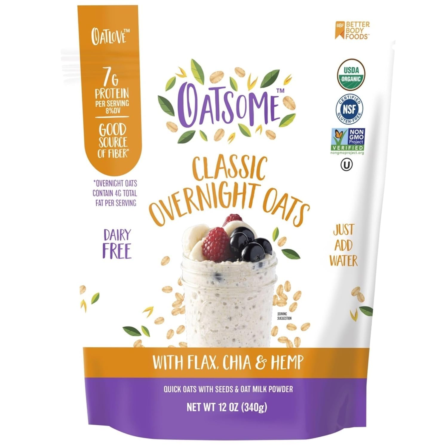 Oatsome Organic Overnight Oats with Chia, Flax, & Hemp, Gluten-Free Oatmeal with 7g of Protein, 2 lb 8 oz (40oz) Bag