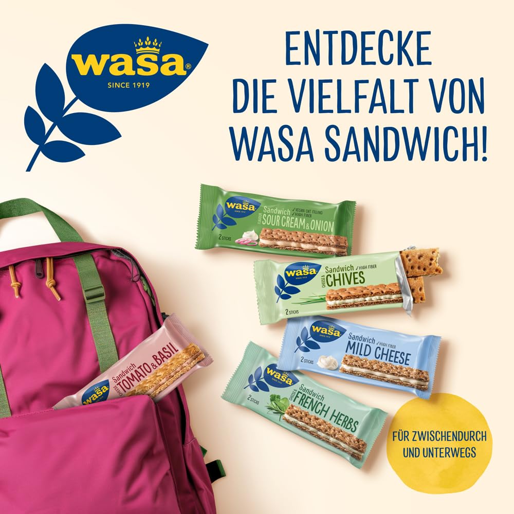 Wasa Knäckebrot Sandwich Tomato & Basil 40g I Knäckebrot-Snack aus Weizenmehl mit einer Füllung aus Käse, Getrockneten Tomaten & Basilikum, je 2 Sticks, Perfekt für unterwegs