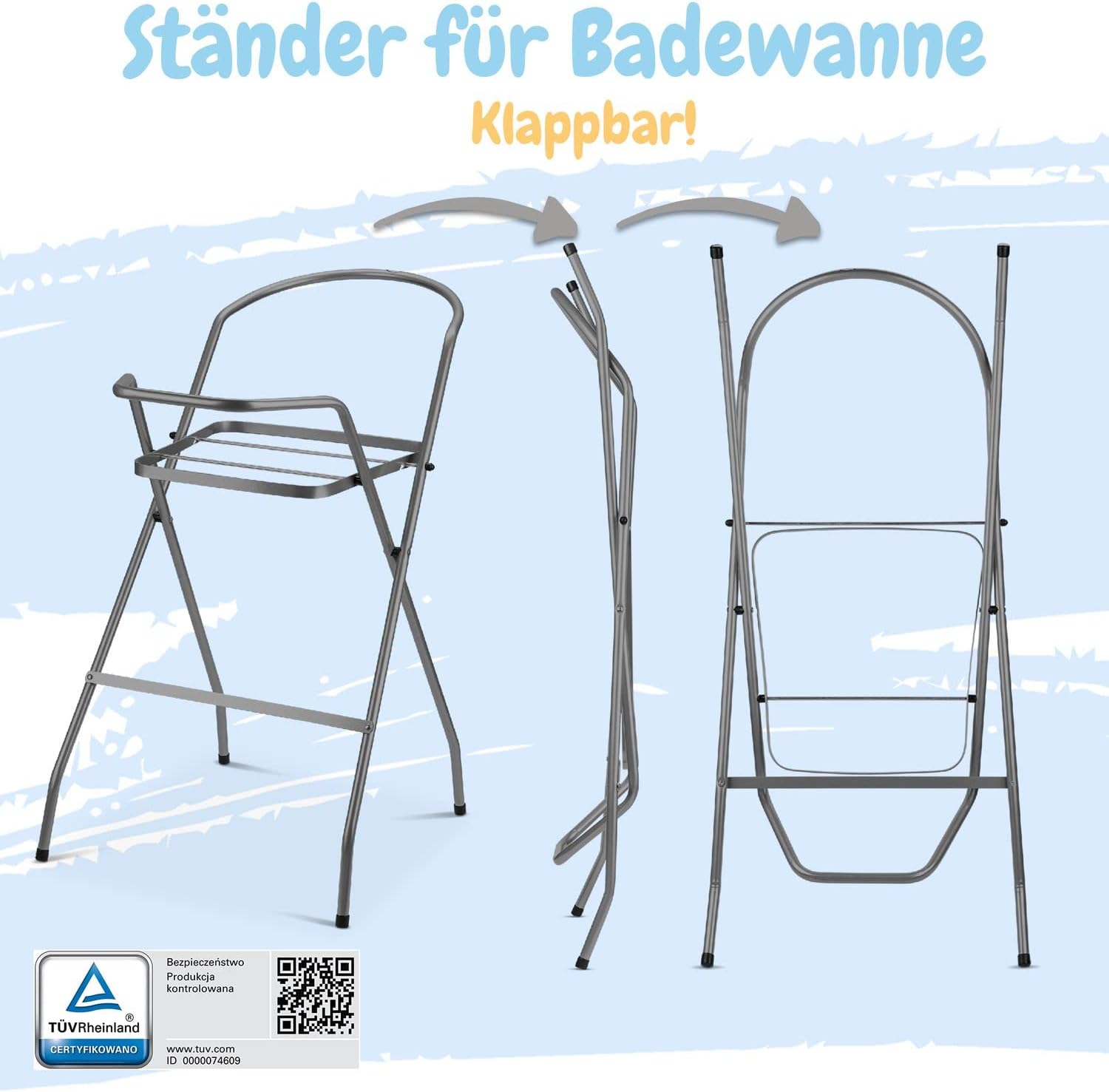 Baby Badewanne mit Gestell 4 Set TÜV Rheinland zertifiziert! Babybadewannen + Baby Badewannensitz +Abfluss + Gestell - Babywanne mit Ständer! Baby Pflegeset für Neugeborene.