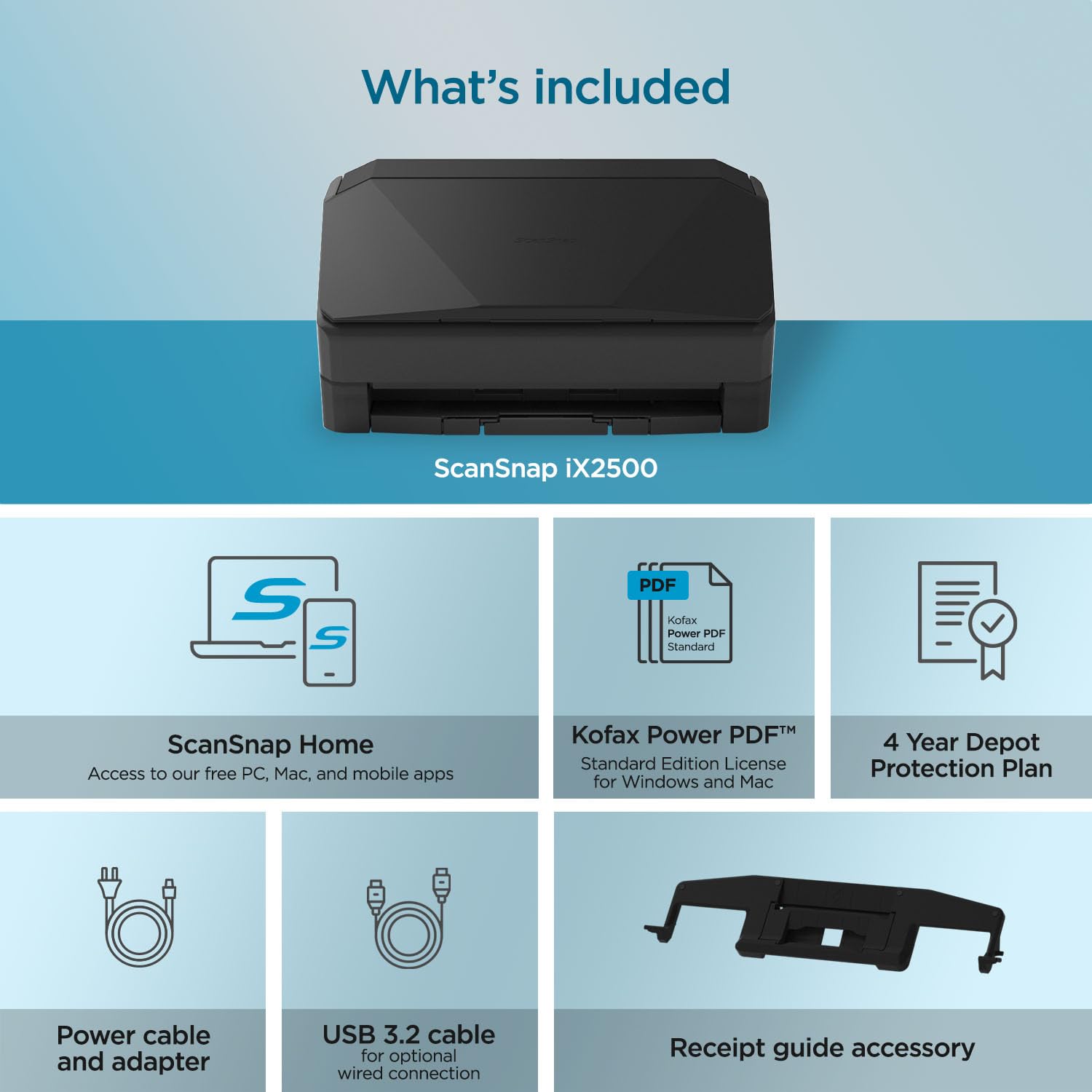 ScanSnap iX2500 Wireless or USB High-Speed Cloud Enabled Document, Photo & Receipt Scanner with Large 5" Touchscreen and 100 Page Auto Document Feeder for Mac or PC, Black