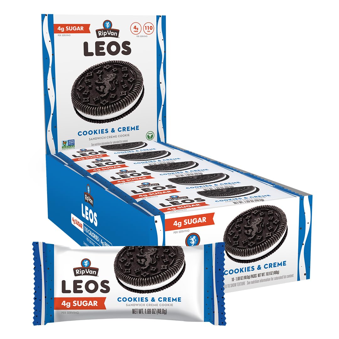 Rip Van LEOs - Cookies and Cream Sandwich Cookies - Low Sugar Snack Cookies - Low Carb Snack - Diabetic Snacks - 40 Low Sugar Cookies (10 Packs of 1.69oz)