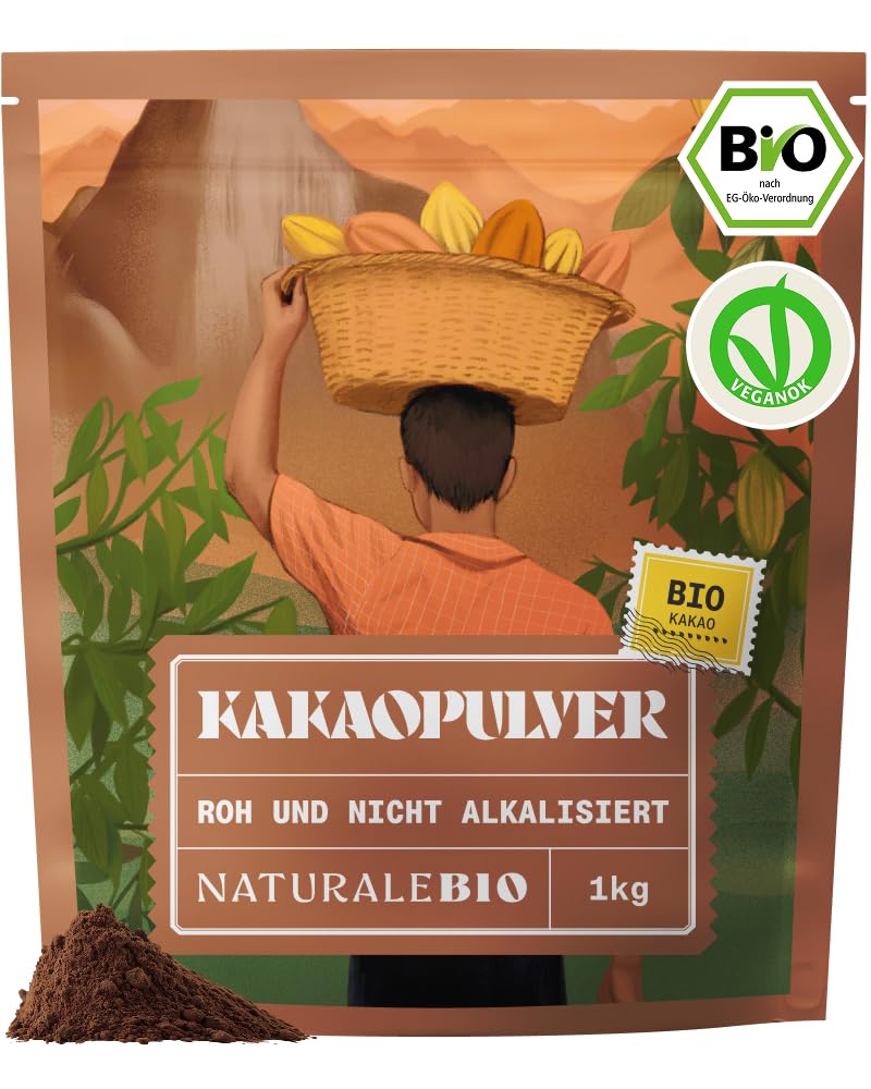 NaturaleBio Kakao Pulver Bio 1kg. Organic Cacao Pulver, Roh & Ungesüßt, Ideal für Getränke, Smoothies & Backen, Reich an Magnesium & Phosphor, Geprüft auf Schwermetalle