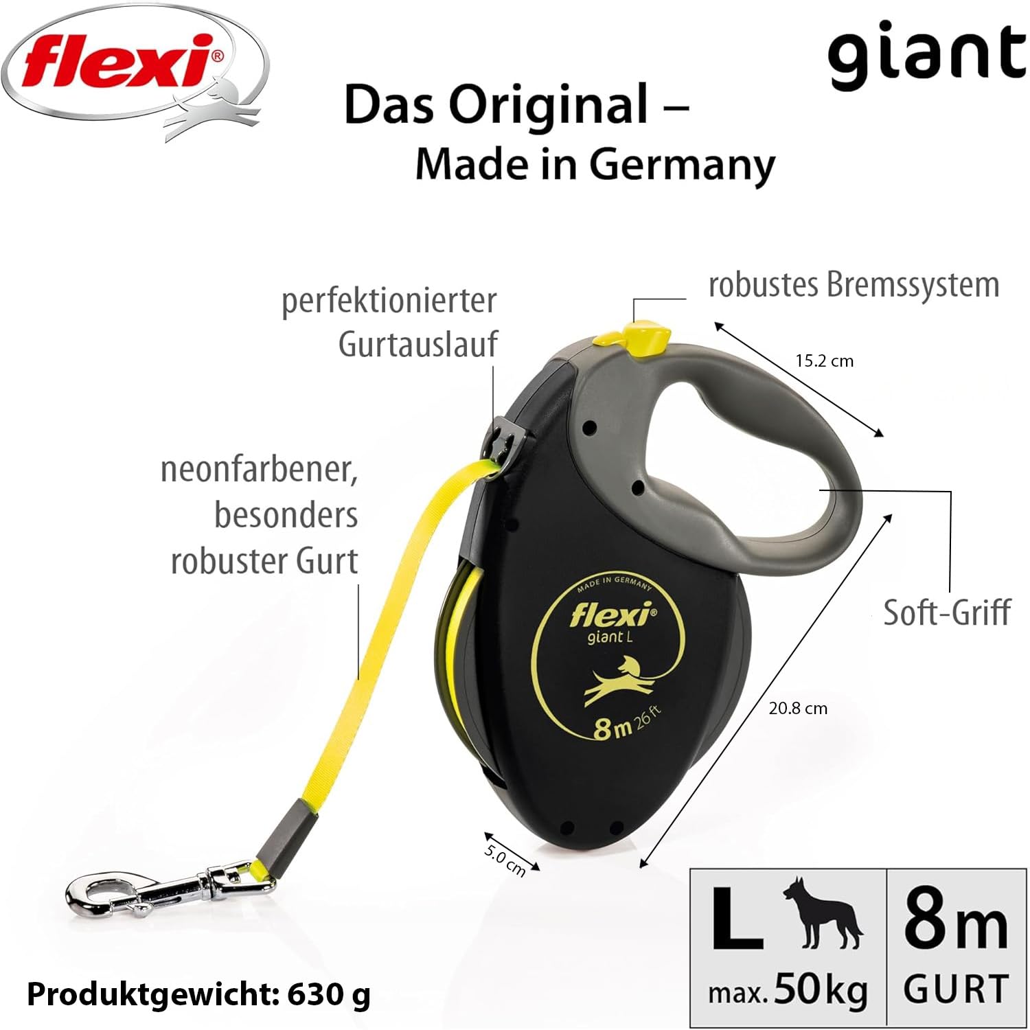 flexi® Giant S/M | 8m Gurt Roll-Leine für Hunde bis 25 kg | schwarz/neon-gelb | ausziehbare Hundeleine | Gewicht 438.4 gr | Maße 15.3 x 19.2 cm