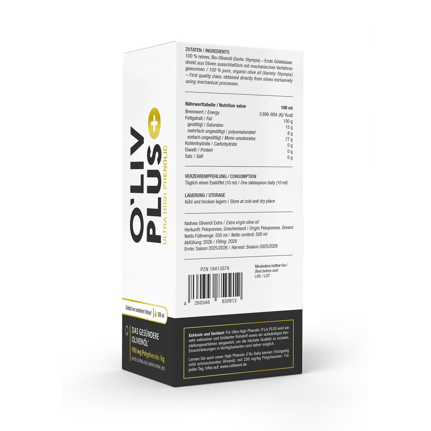 Das Olivenöl mit Gesundheitswert – extra hoher Polyphenol-Gehalt 950 mg/kg – Bio-Qualität – nur 1 Esslöffel/Tag – Oliv PLUS – 500 ml – 50 Portionen