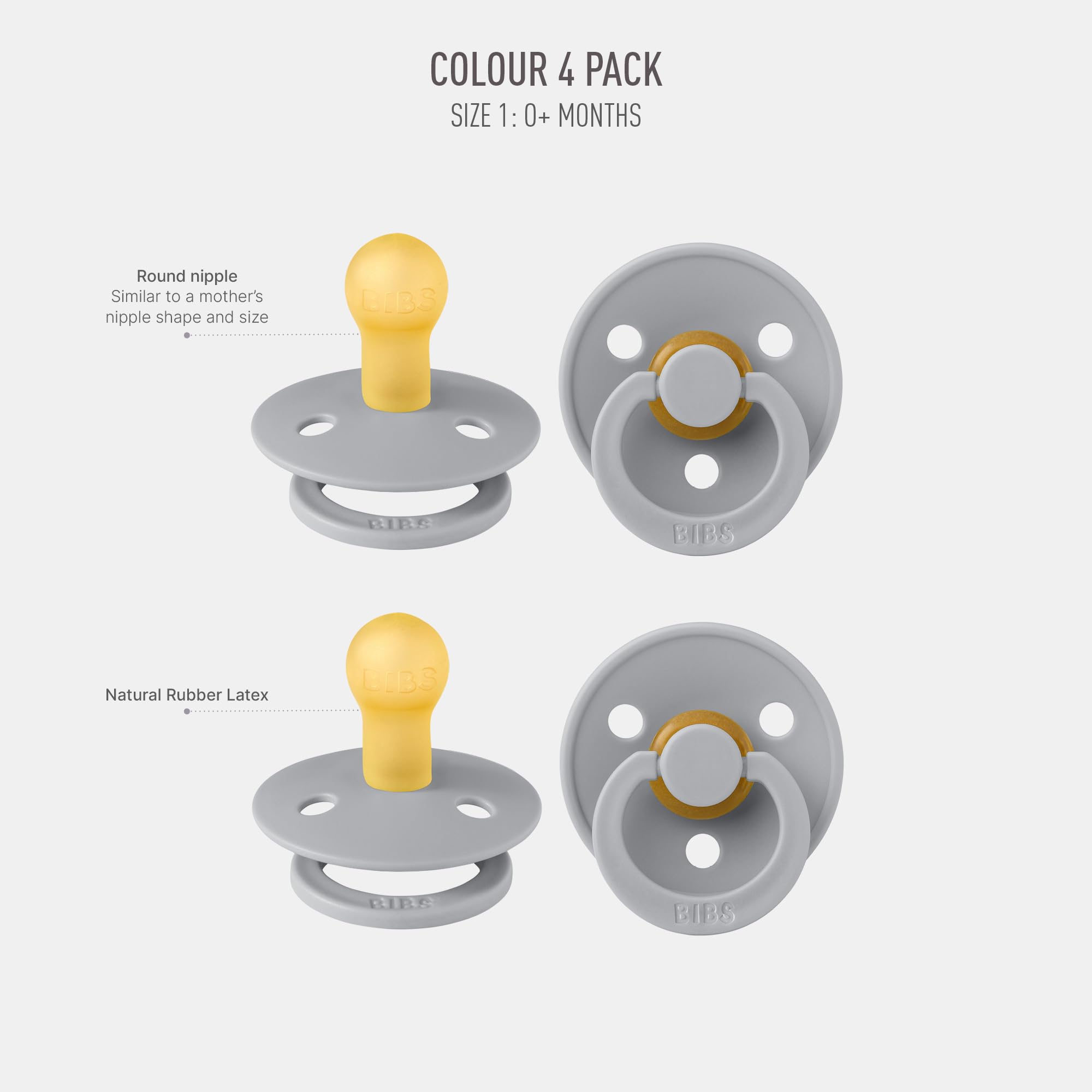 BIBS Colour Schnuller 4er-Pack, BPA-frei, Kirschform Nippel. Naturkautschuk/Latex, Hergestellt in Dänemark. 6-18 Monate (4er Pack), Iron Mix