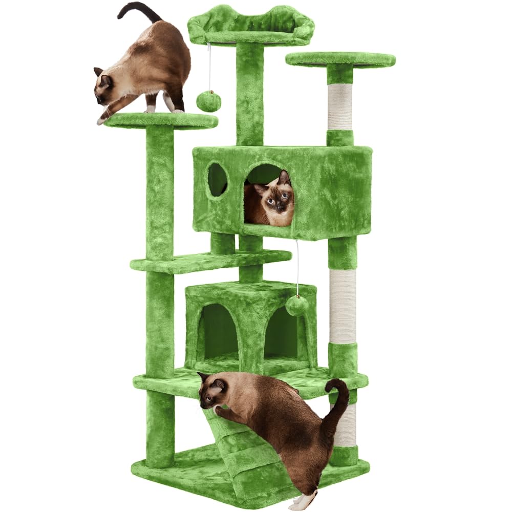Yaheetech Kratzbaum Groß, 139 cm hoch, Mehrstöckiger Katzenbaum Kletterturm mit 3 Kratzsäulen, 3 Plattformen, 2 Gemütlichen Höhlen, 2 Plüschbällen, Stabiler Aktivitätsbereich für Katzen, Dunkelgrau