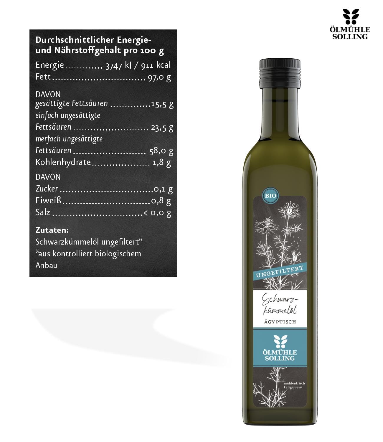 Ölmühle Solling Schwarzkümmelöl - UNGEFILTERT - kaltgepresst – 500ml - BIO