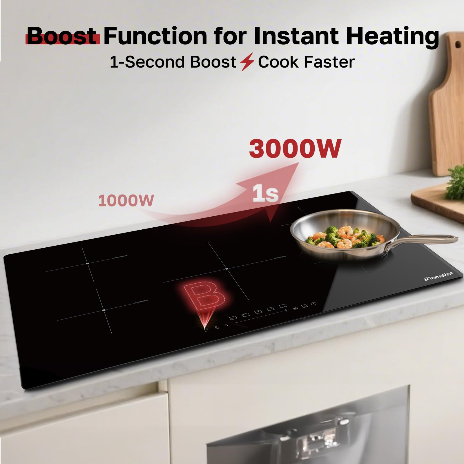 ThermoMate 30 Inch Induction Cooktop, 7200W Built in Induction Stove Top, Electric Cooktop with 4 Boost Burner, 9 Heating Level, Timer & Child Safety Lock, Sensor Touch Control, 240V
