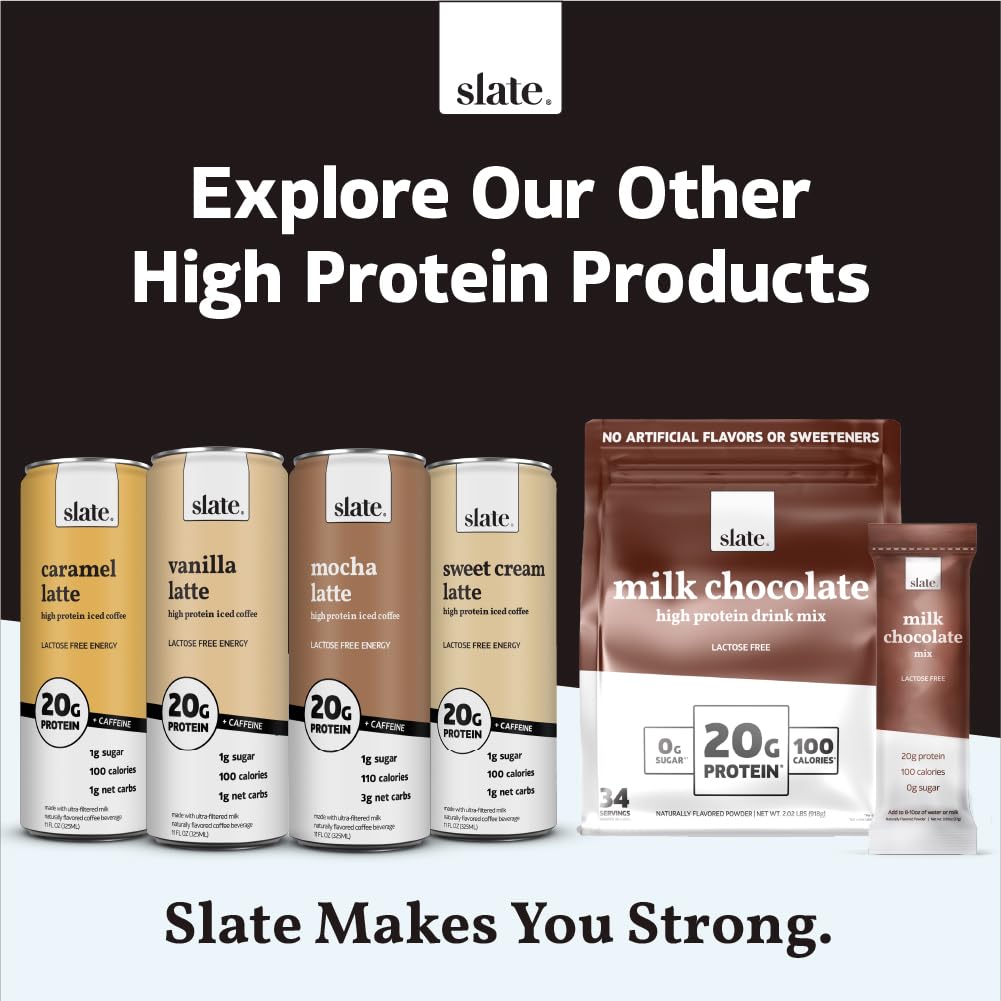 Slate Milk - High Protein Milkshake - French Vanilla - Lactose-Free, 20g Protein, 1g Sugar, 100 Calories, 1g Net Carbs, No Added Sugar - Natural, Breakfast Boost, Post Workout - 11 fl oz, 12 Cans