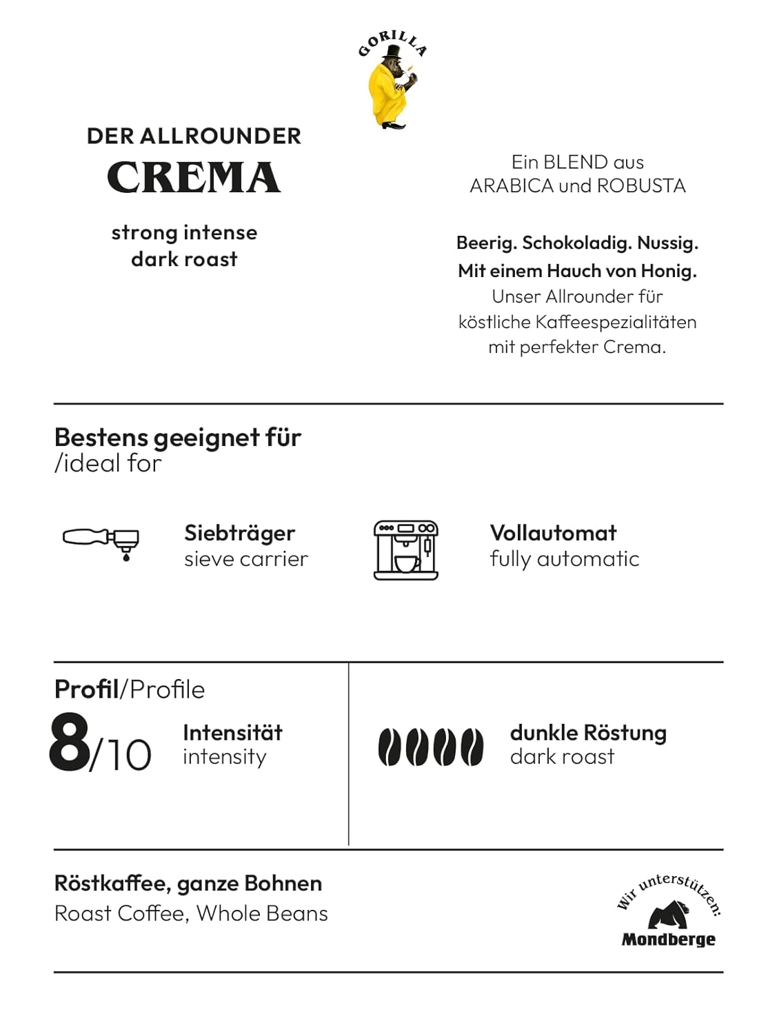 Joerges Gorilla Super Bar Crema Kaffeebohnen 1 kg Vollmundiger Geschmack, intensives Aroma in jeder Tasse