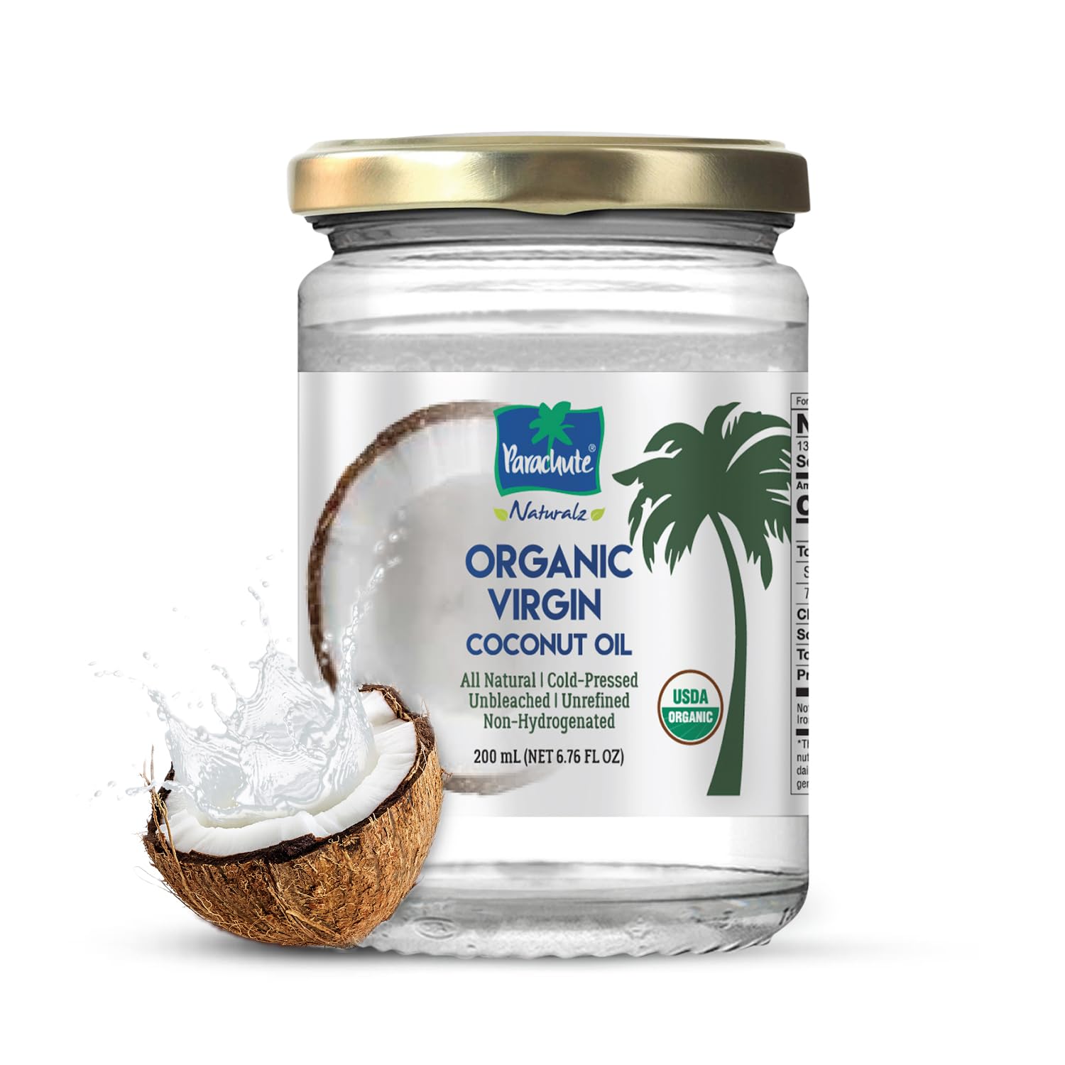 Parachute Naturalz Organic Virgin Coconut Oil | For Cooking, Hair, Body & Oil Pulling | Cold Pressed | Unbleached | Unrefined | Non-Hydrogenated | MCT Oil | USDA Certified |16 Fl.Oz | Glass Jar