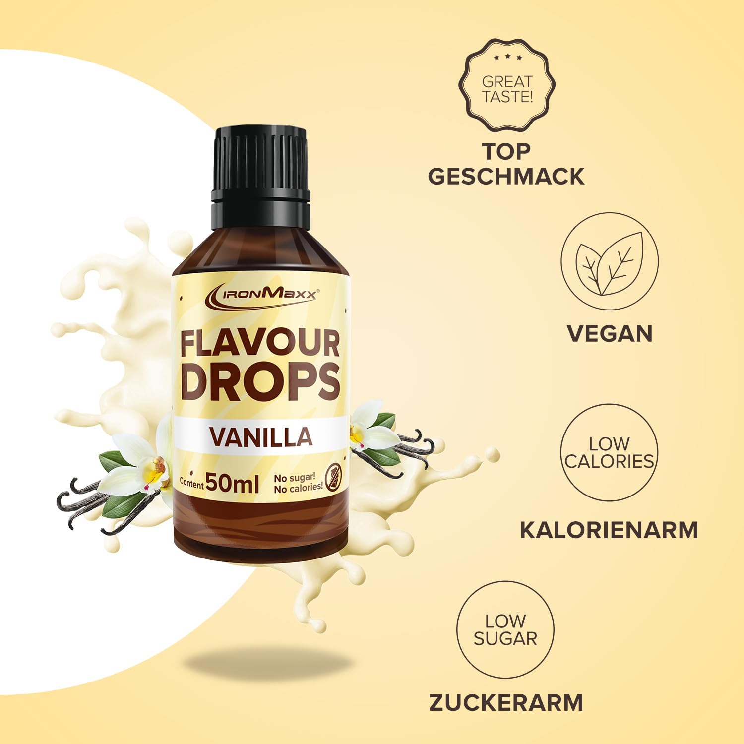 IronMaxx Flavour Drops - Vanilla 50ml | kalorienfrei & zuckerfrei | vegane Aromatropfen zum süßen von Lebensmitteln | praktischer Tropfer-Verschluss