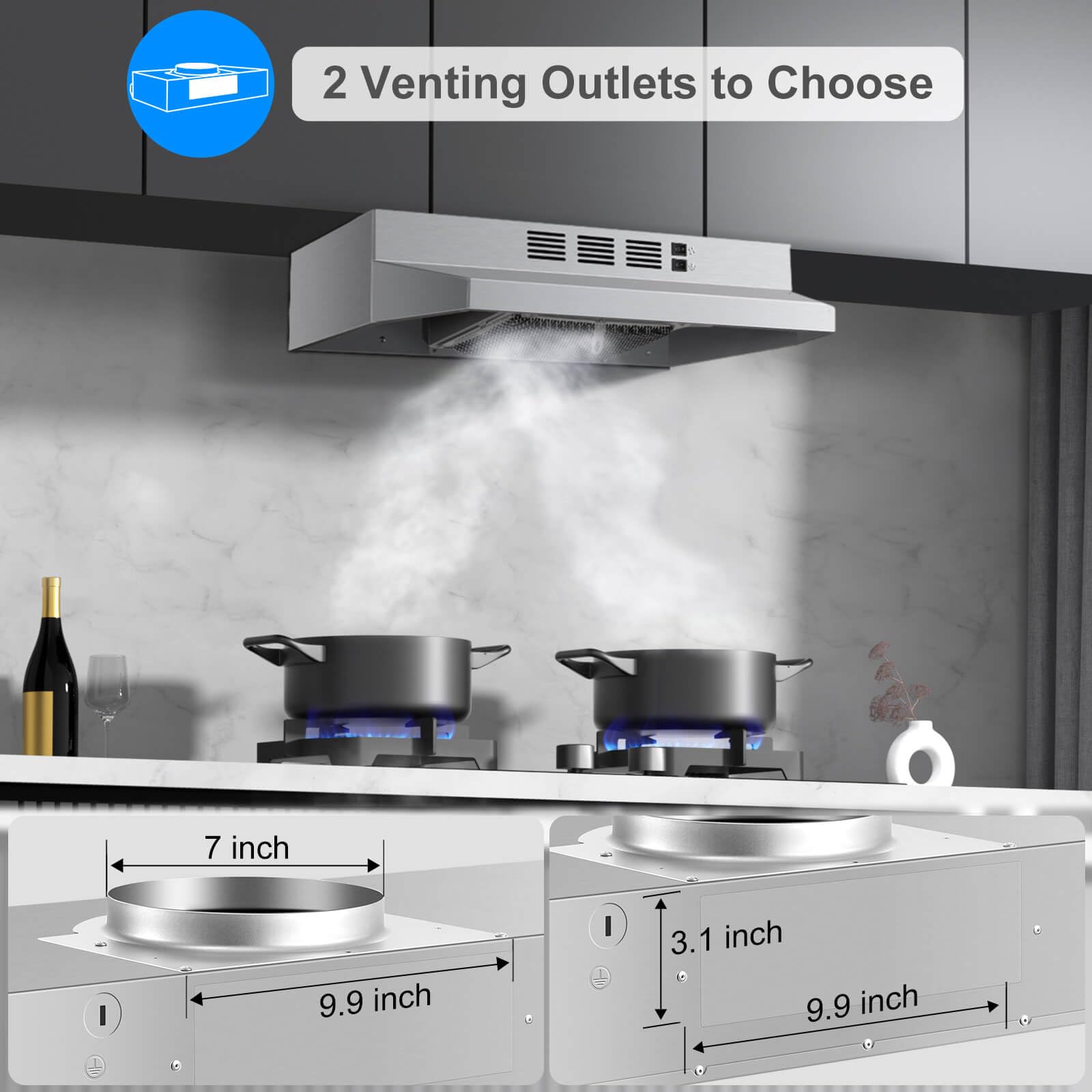 SNDOAS Range Hood 30 inch Under Cabinet, Ducted/Ductless Convertible Kitchen Hood, Stainless Steel Vent Hood with LED Light,Under Cabinet Hood with 2 Speed Exhaust Fan,Black