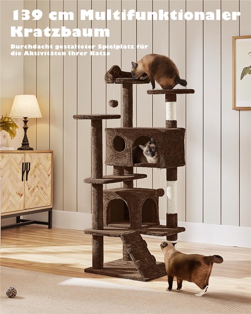 Yaheetech Kratzbaum Groß, 139 cm hoch, Mehrstöckiger Katzenbaum Kletterturm mit 3 Kratzsäulen, 3 Plattformen, 2 Gemütlichen Höhlen, 2 Plüschbällen, Stabiler Aktivitätsbereich für Katzen, Dunkelgrau