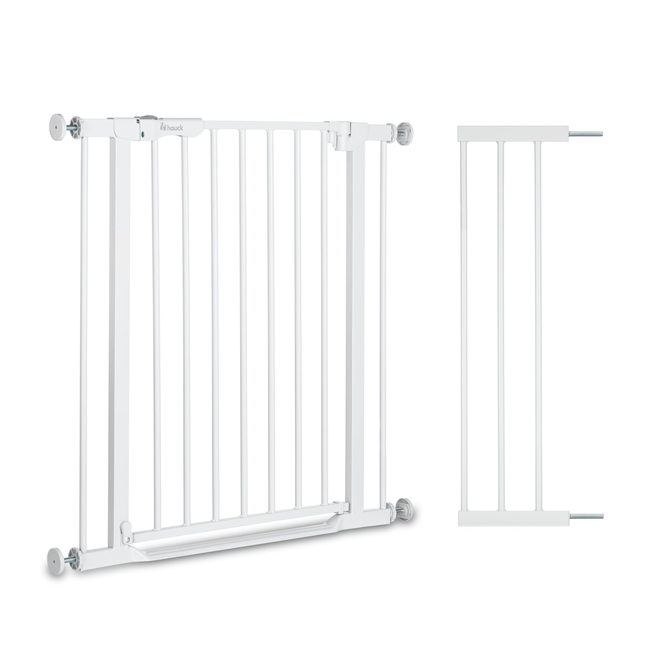 hauck Open N Stop 2 + 21 cm Verlängerung, Weiß - Kinderschutzgitter Hundegitter, Verstellbare Breite 96-101 cm, 77 cm Hoch, Beidseitige Einhand Öffnung, ohne Bohren, für Innen