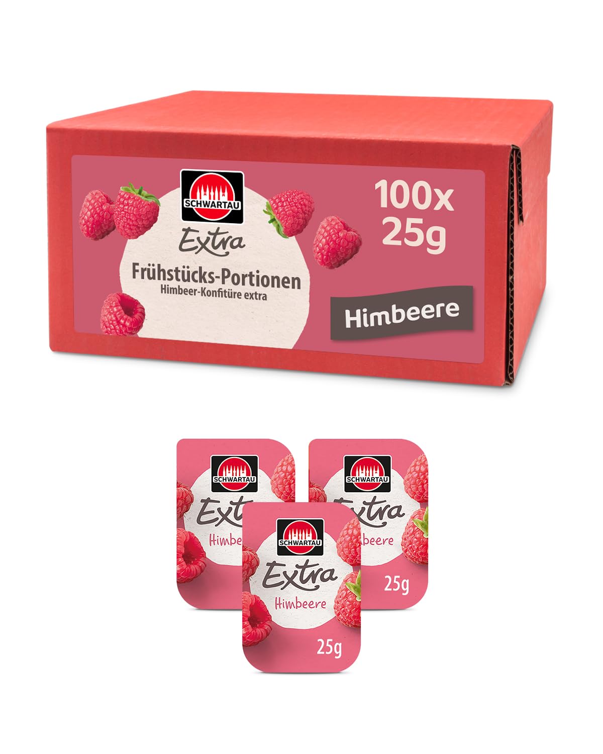 Schwartau Samt Portionen Mix-Box, Konfitüre Portionsschalen (50 x Erdbeere, 25 x Aprikose, 25 x zweierlei Kirsch), Großpackung, 100 x 25g