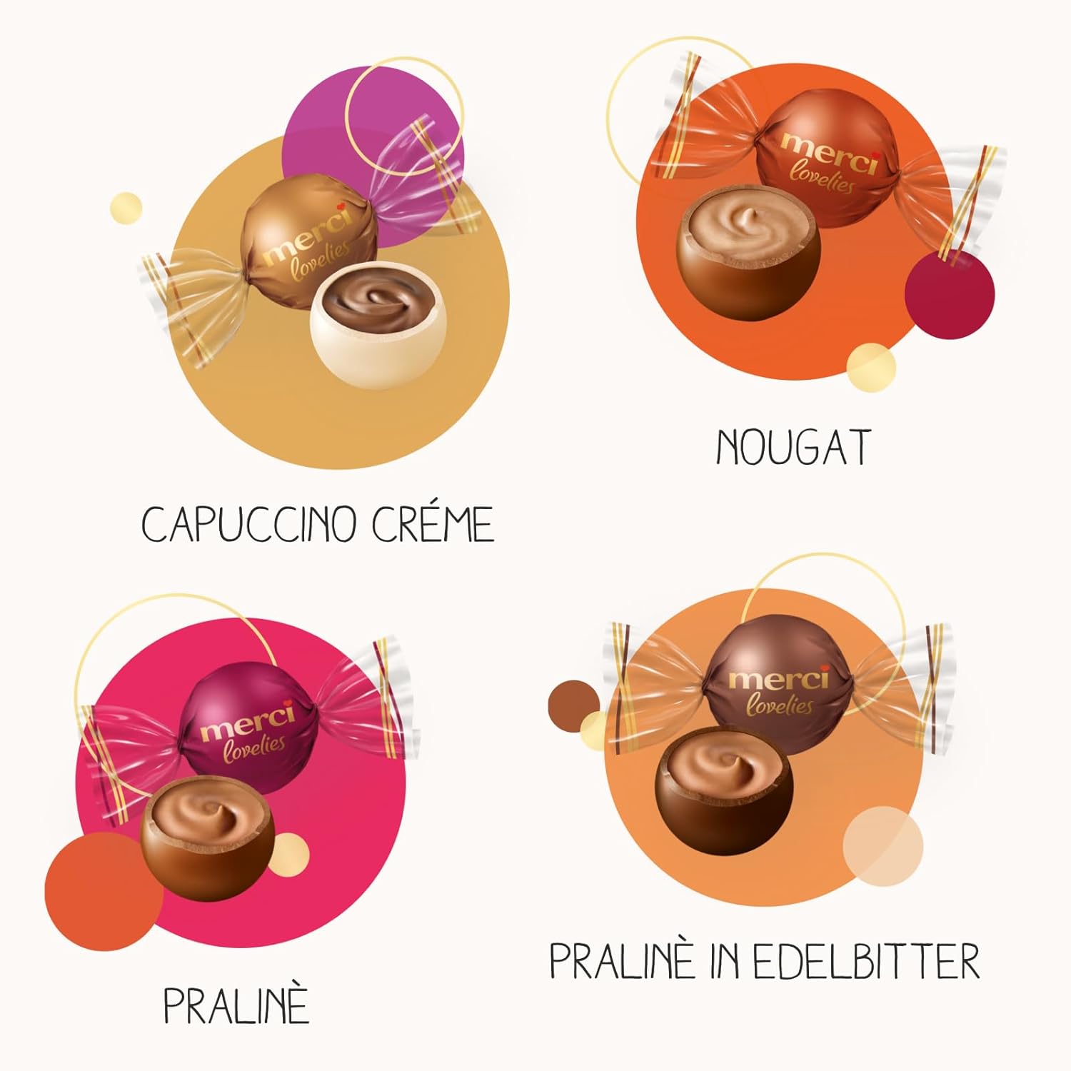 merci lovelies Classic – 1 x 185 g – Pralinen-Schachtel mit 5 gefüllten Schokoladen-Spezialitäten – Schokokugeln zum Teilen & Verschenken