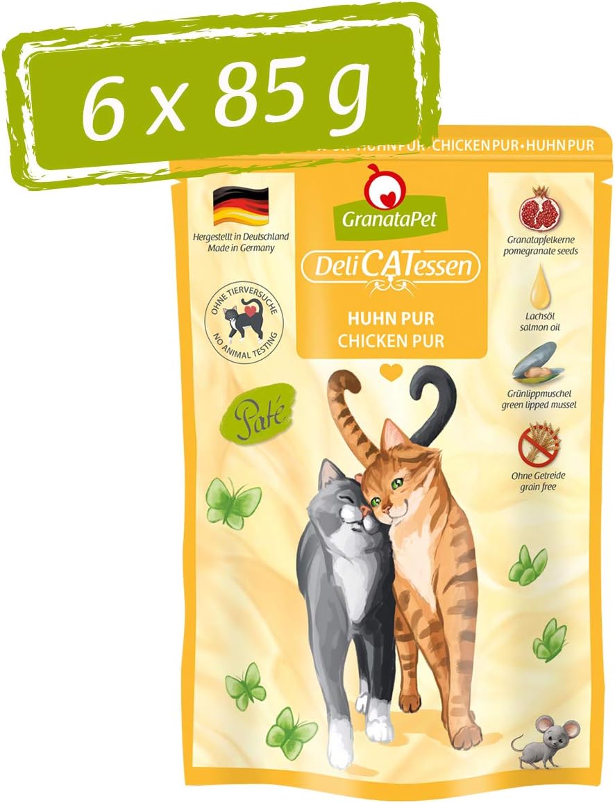 GranataPet DeliCatessen Huhn PUR, Nassfutter für Katzen, Futter ohne Getreide & ohne Zuckerzusätze, Katzenfutter mit hohem Fleischanteil & hochwertigen Ölen, 6 x 400 g