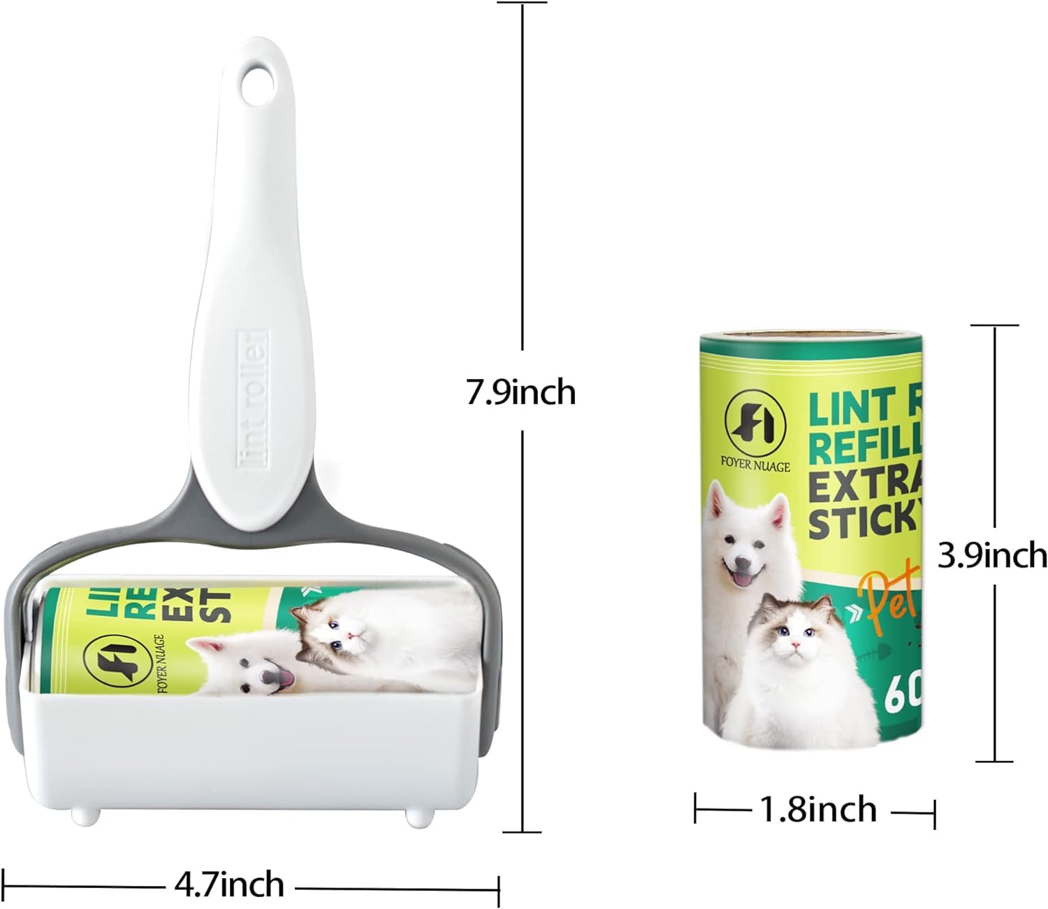 9,5'' großer Fusselroller für Tierhaare mit 6 ausziehbaren Griffen und staubdichter Abdeckung * 5 Nachfüllungen à 300 Blatt, Langer Griff, Robuster Mopp zum Reinigen von Teppichböden