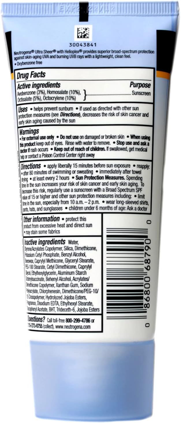 Neutrogena Ultra Sheer Dry-Touch Sunscreen Lotion, Broad Spectrum SPF 55 UVA/UVB Protection, Oxybenzone-Free, Light, Water Resistant, Non-Comedogenic & Non-Greasy, Travel Size, 3 fl. oz
