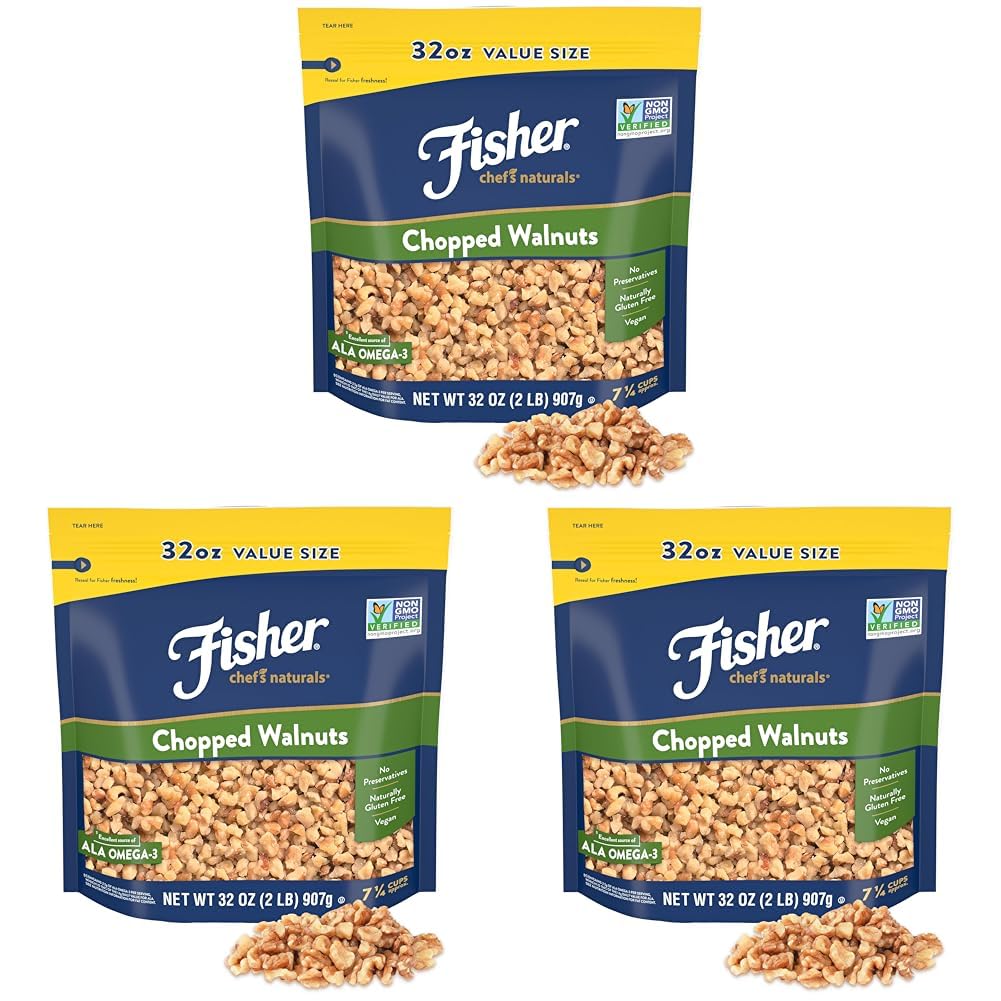 Fisher Chef's Naturals Walnut Halves & Pieces 2 lb, 100% California Unsalted Walnuts for Baking & Cooking, Healthy Snacks for Adults, Resealable Bag, Vegan Protein, Keto Snack, Chopped Nuts, Topping