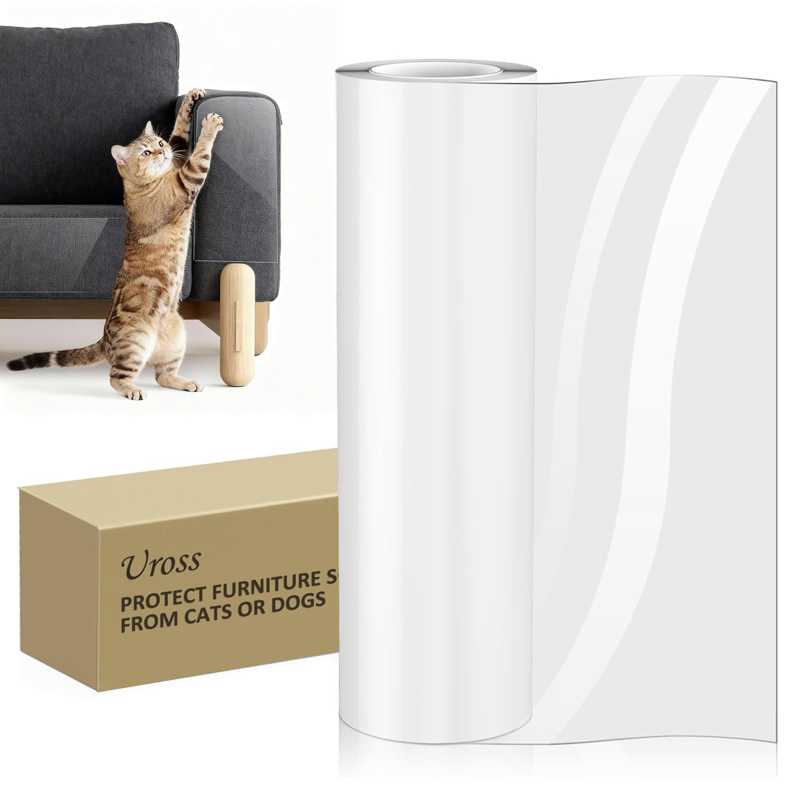 Uross Kratzschutz Sofa Katze Transparent 5m x 43cm, Katzenschutz Selbstklebend Tape Extra Long, Anti Kratz Folie für Katzen, Sofa Couch Schutz Katze, Wandschutzfolie Selbstklebend für Möbel Tür Wand