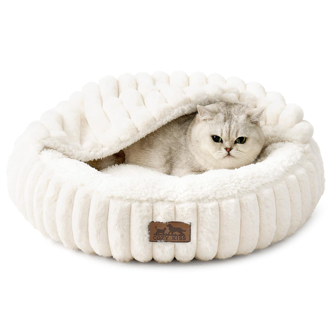 COZY KISS Katzenbett mit Decke 50x50x15cm - Flauschige Kleine Katzenhöhle - Kissen, Runde kleine Hundebett mit Rutschfester Unterseite, Katzensofa mit Kopfstütze aus Kunstfell, Waschbares, Creme