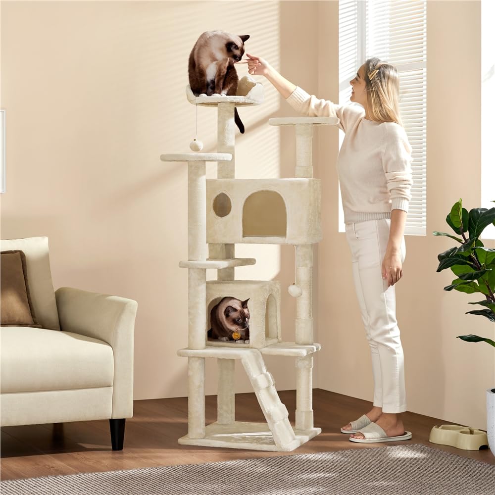 Yaheetech Kratzbaum Groß, 139 cm hoch, Mehrstöckiger Katzenbaum Kletterturm mit 3 Kratzsäulen, 3 Plattformen, 2 Gemütlichen Höhlen, 2 Plüschbällen, Stabiler Aktivitätsbereich für Katzen, Dunkelgrau
