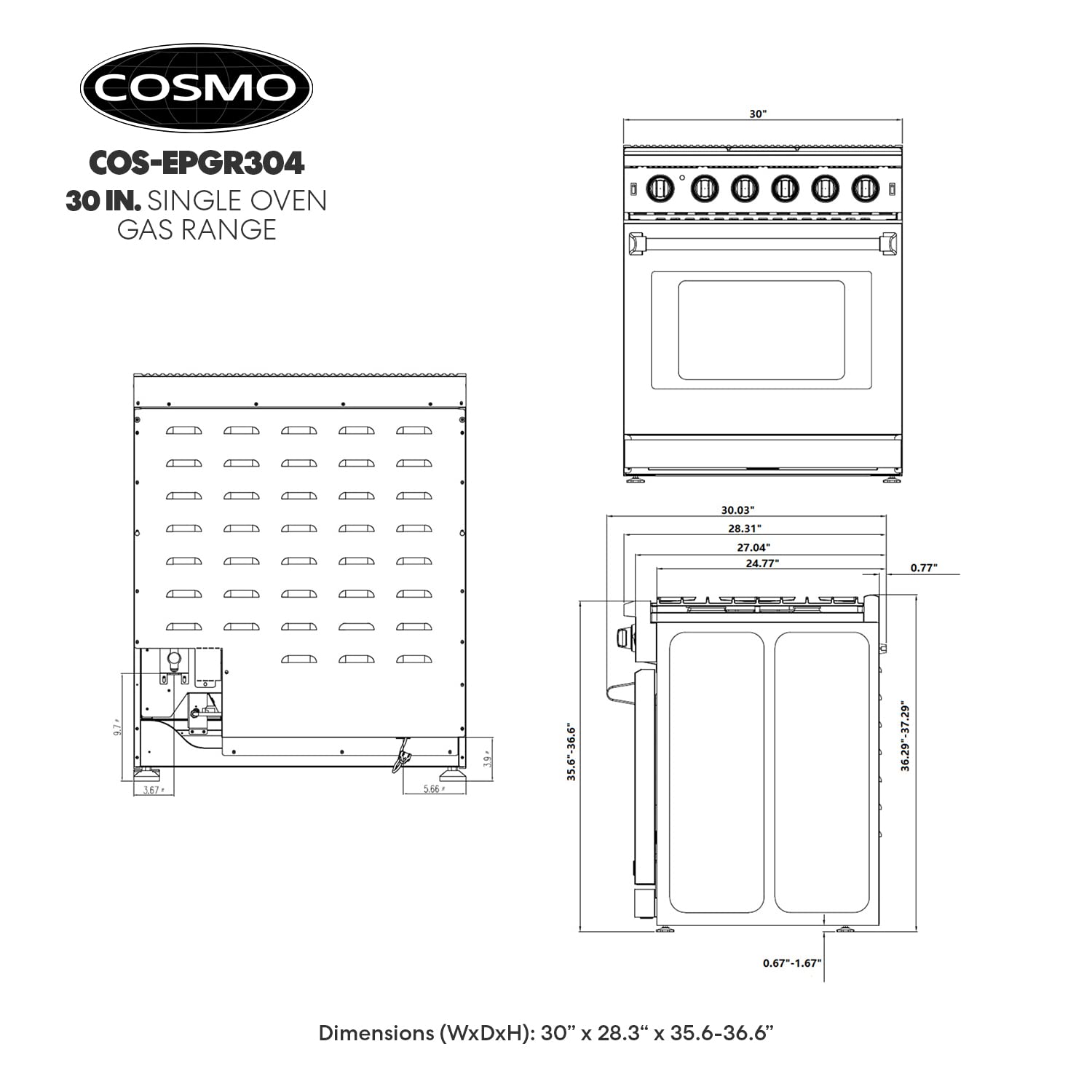 COSMO COS-EPGR366 36 in. Haven Collection 6.0 cu. ft. Gas Range, 6 Burners, Convection Oven, Knob LEDs, Storage Drawer, Stainless Steel