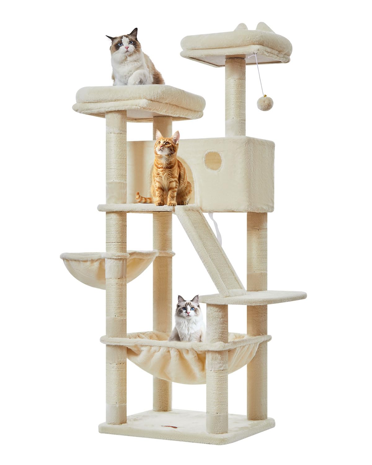 Taoqimiao 180CM Kratzbaum Groß, Katzenbaum Katzen Kratzbaum Grosse Katzen Stabil mit 2 Katzenhaus, Metallhängematte, Korb, 8 Kratzsäulen, Katzenkratztafel, MS026LM Beige