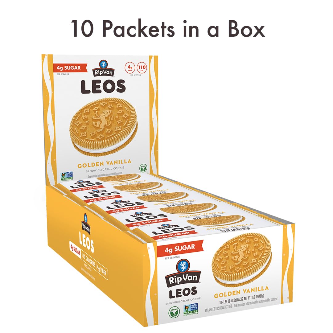 Rip Van LEOs - Golden Vanilla Sandwich Cookies - Low Sugar Snack Cookies - Low Carb Snack - Diabetic Snacks - 40 Low Sugar Cookies (10 Packs of 1.69oz)