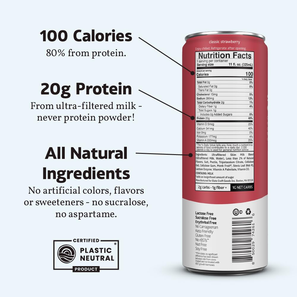 Slate Milk - High Protein Milkshake - French Vanilla - Lactose-Free, 20g Protein, 1g Sugar, 100 Calories, 1g Net Carbs, No Added Sugar - Natural, Breakfast Boost, Post Workout - 11 fl oz, 12 Cans
