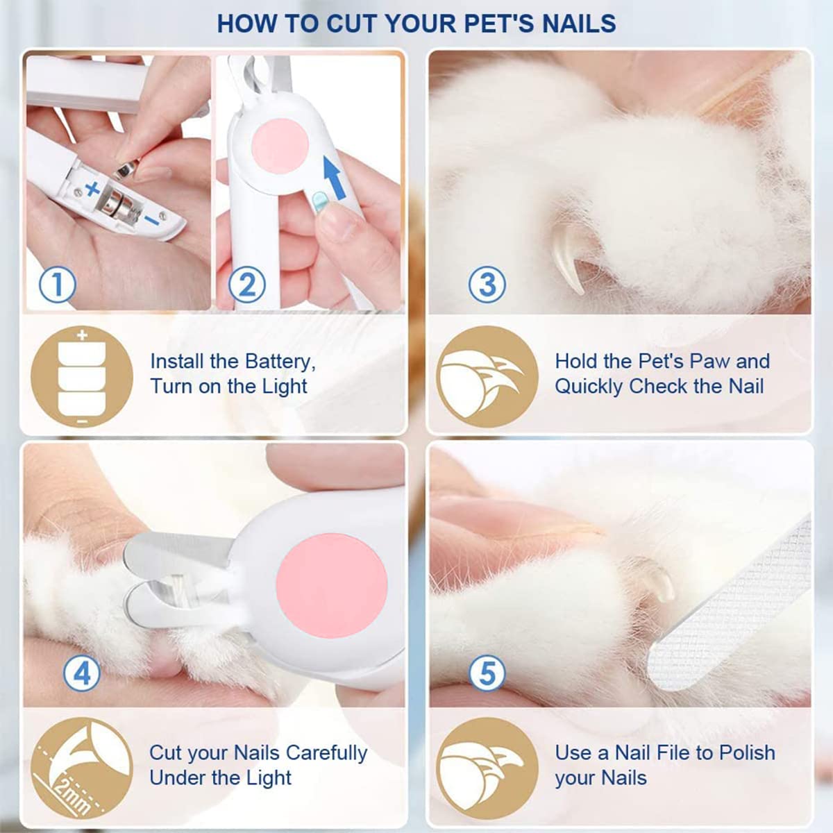 EPROICKS Nagelknipser mit Led-Licht für Hunde Katzen, Krallenschere für Katzen Hunde, mit Nagelfeile und Spritzfest Schutzvorrichtung, für Mittlere und Kleine Haustiere Krallenpflege