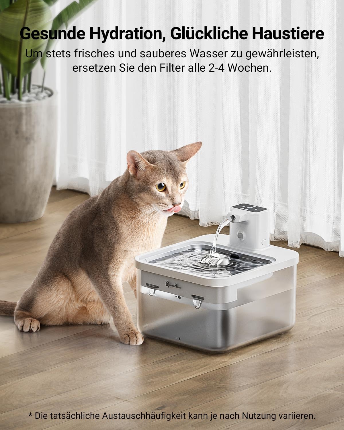 DownyPaws 2.5L Trinkbrunnen für Katze Kabellos, Katzenbrunnen Kabellos mit Bewegungsmelder, Batteriebetrieben Katzentrinkbrunnen, 4000mAh, Leise Wasserpumpe, Tablett aus Edelstahl für Katze, Schwarz