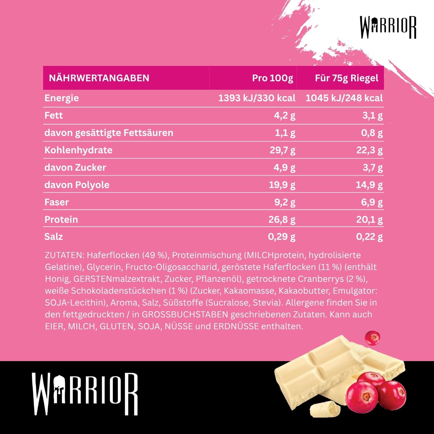 Warrior Raw Proteinriegel 12 x 75 g – Ballaststoffreicher Haferriegel mit Protein, High Protein Snack ohne Zucker, Natürlicher Haferflocken Riegel mit Präbiotika – Schoko-Brownie