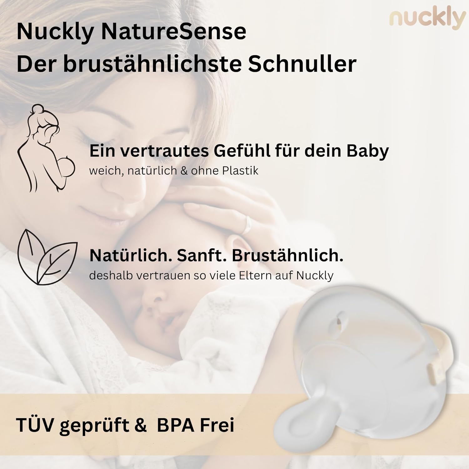 Nuckly NatureSense Brustähnlicher Schnuller – Doppelpack, 1–24 Monate, BPA-frei, Food-Grade Silikon, Beige
