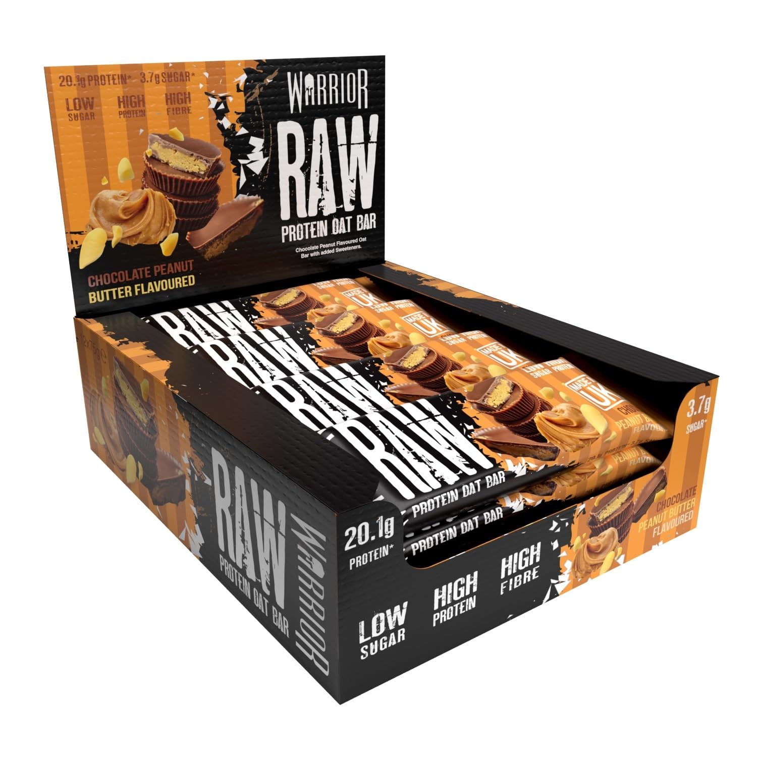 Warrior Raw Proteinriegel 12 x 75 g – Ballaststoffreicher Haferriegel mit Protein, High Protein Snack ohne Zucker, Natürlicher Haferflocken Riegel mit Präbiotika – Schoko-Brownie