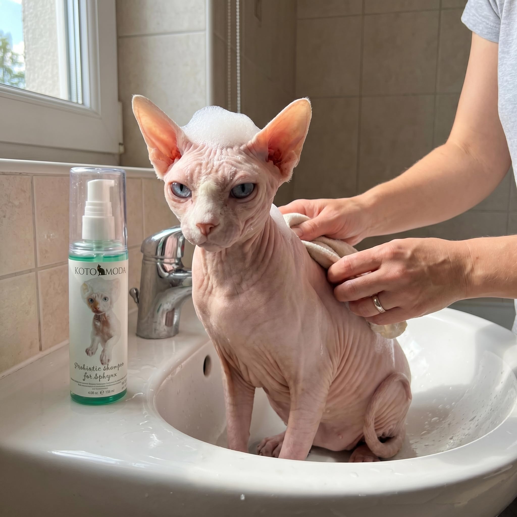 Probiotisches Shampoo für Sphynx-Katzen, sanfter parfümfreier Reiniger für haarlose und kurzhaarige Rassen, pH-balancierte Pflegeformel für empfindliche Haut, 120 ml / 4,06 FL oz