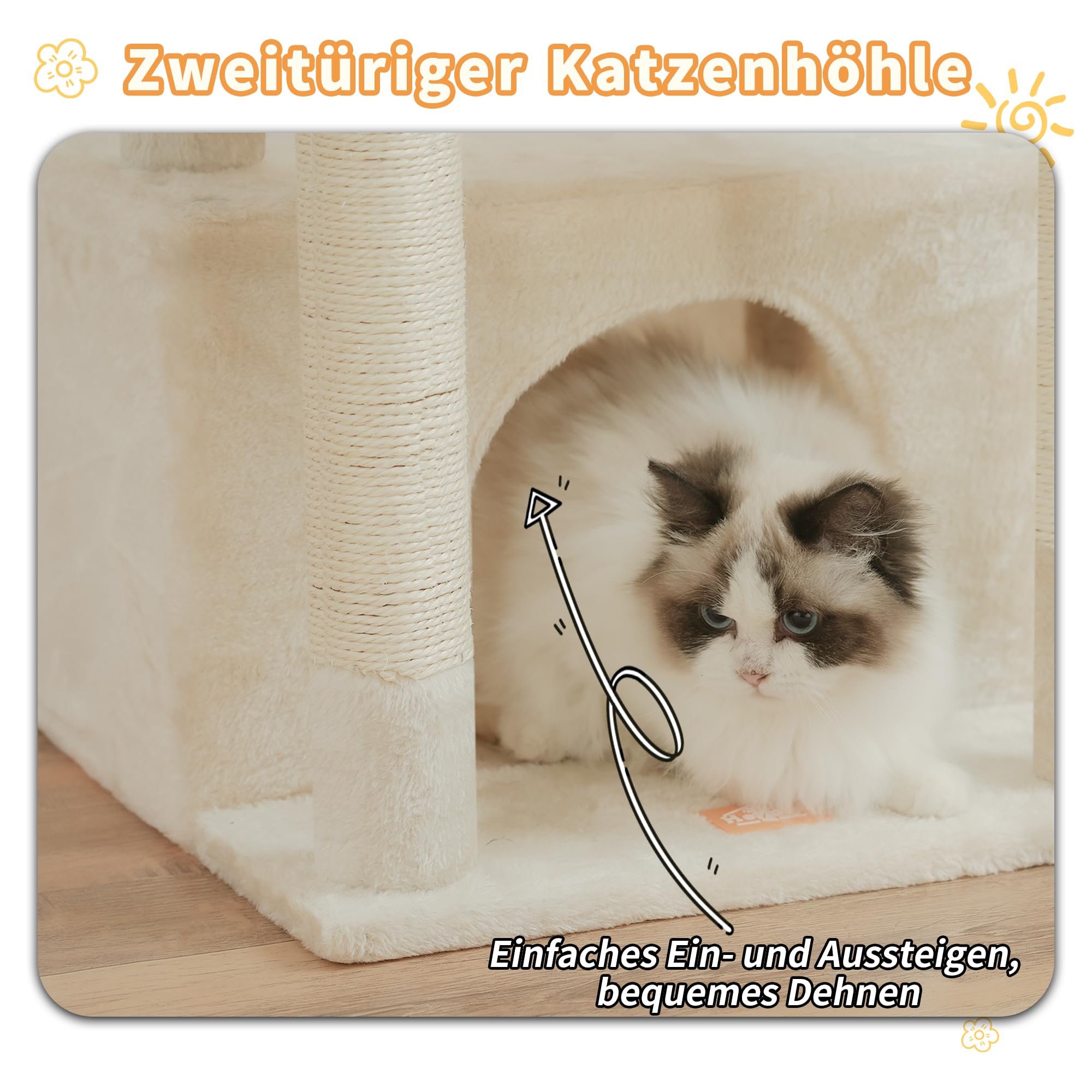 Heybly Kratzbaum, Katzenbaum mit Extra Großem, Weichem Katzenkorb, Katzenkratzbaum mit Geräumigem Katzenbett und Verstecktem Schlafplatz, Robusten Sisal-Kratzsäulen, Hellgrau HCT008SW