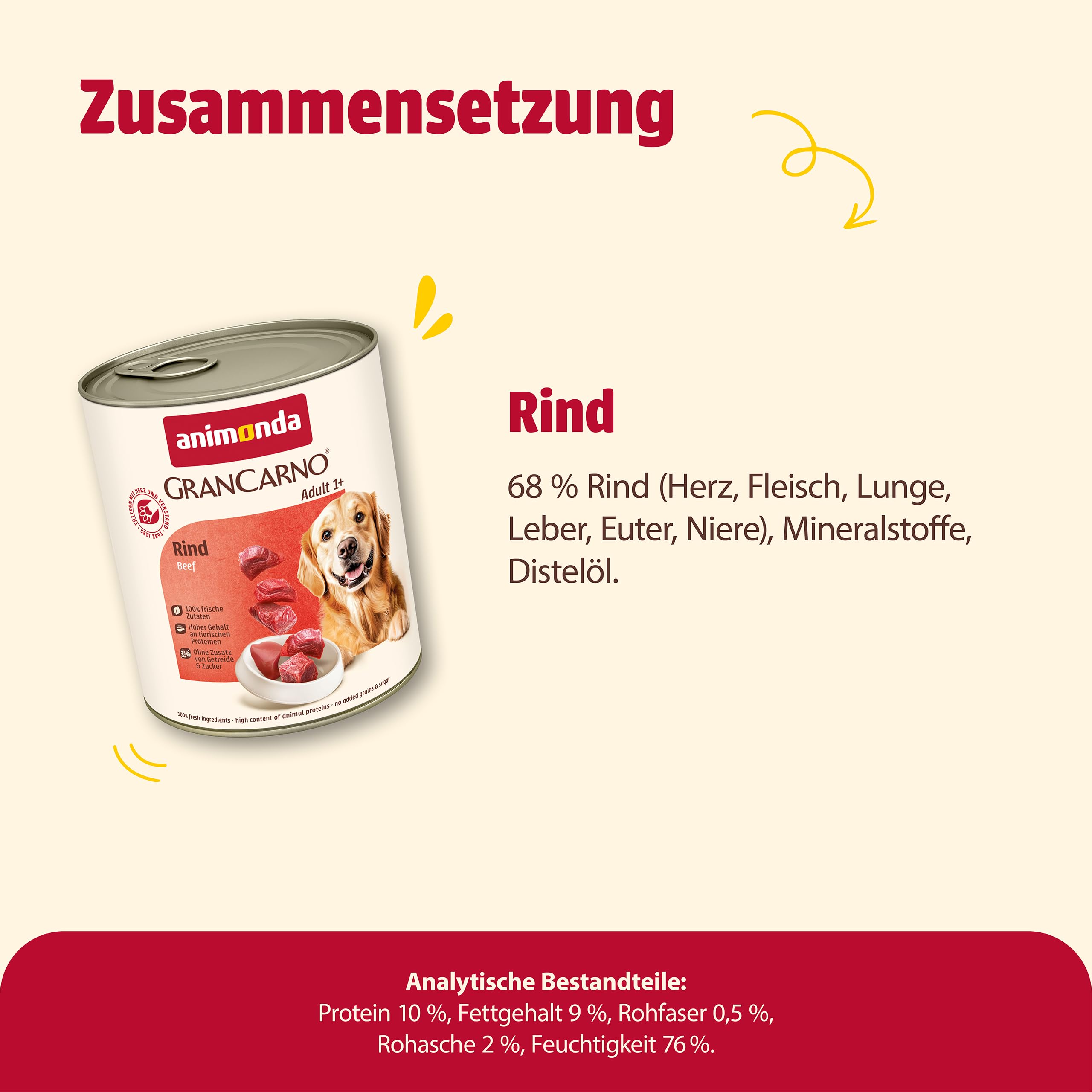 animonda GranCarno Hunde Nassfutter mit Rind + Entenherzen (6 x 800 g), getreidefreies Hundenassfutter ohne Zucker, für ausgewachsene Hunde, mit frischen fleischigen Zutaten